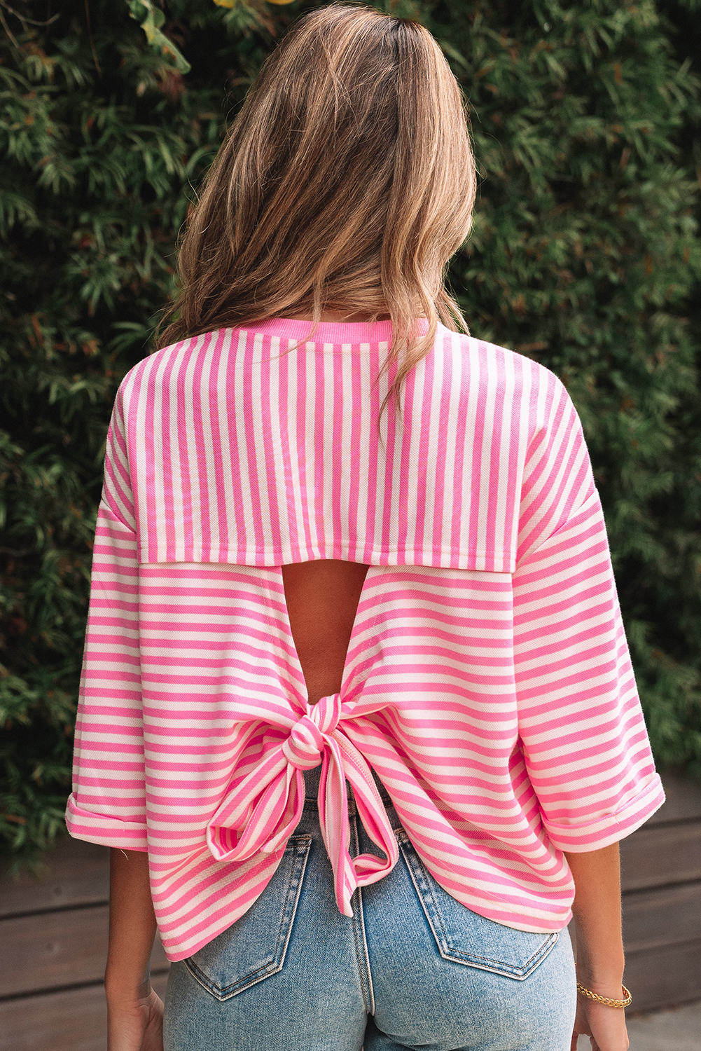 Red Stripe Bowknot Cutout Back Drop Shoulder Wide Bracelet Sleeve Loose Tee - loveforevers
