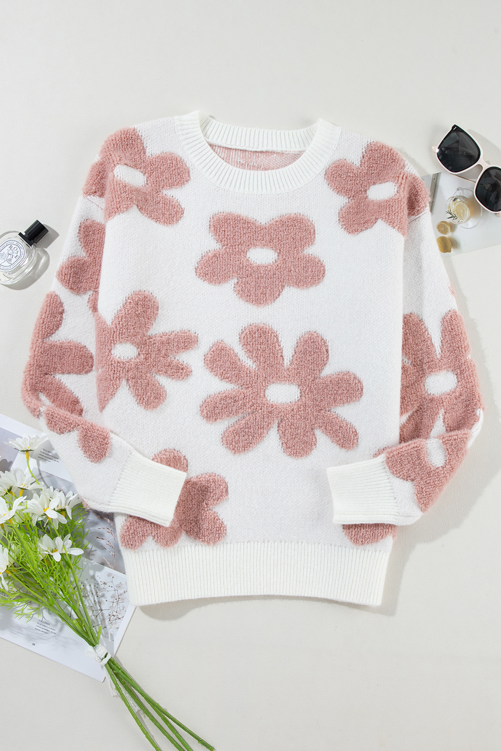 White Textured Flower Drop Shoulder Loose Sweater - loveforevers