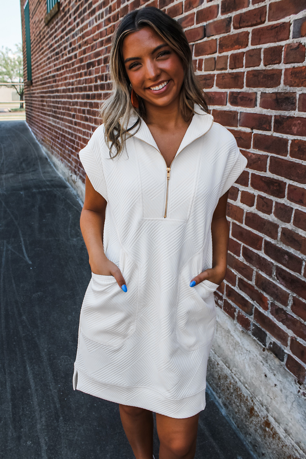 White Textured Half Zip Collared Cap Sleeve Mini Dress - loveforevers
