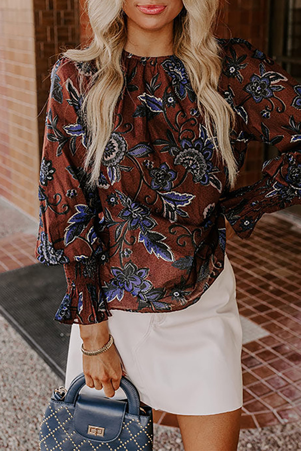 Brown Autumn Floral Print Smocked Cuffs Shift Blouse - loveforevers