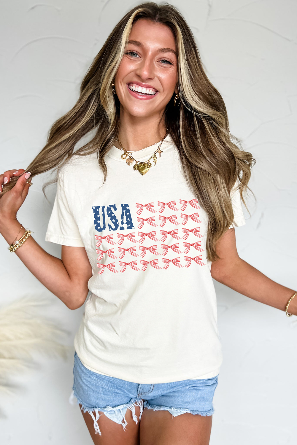 White USA Flag Bow Knot Print Round Neck T Shirt - loveforevers