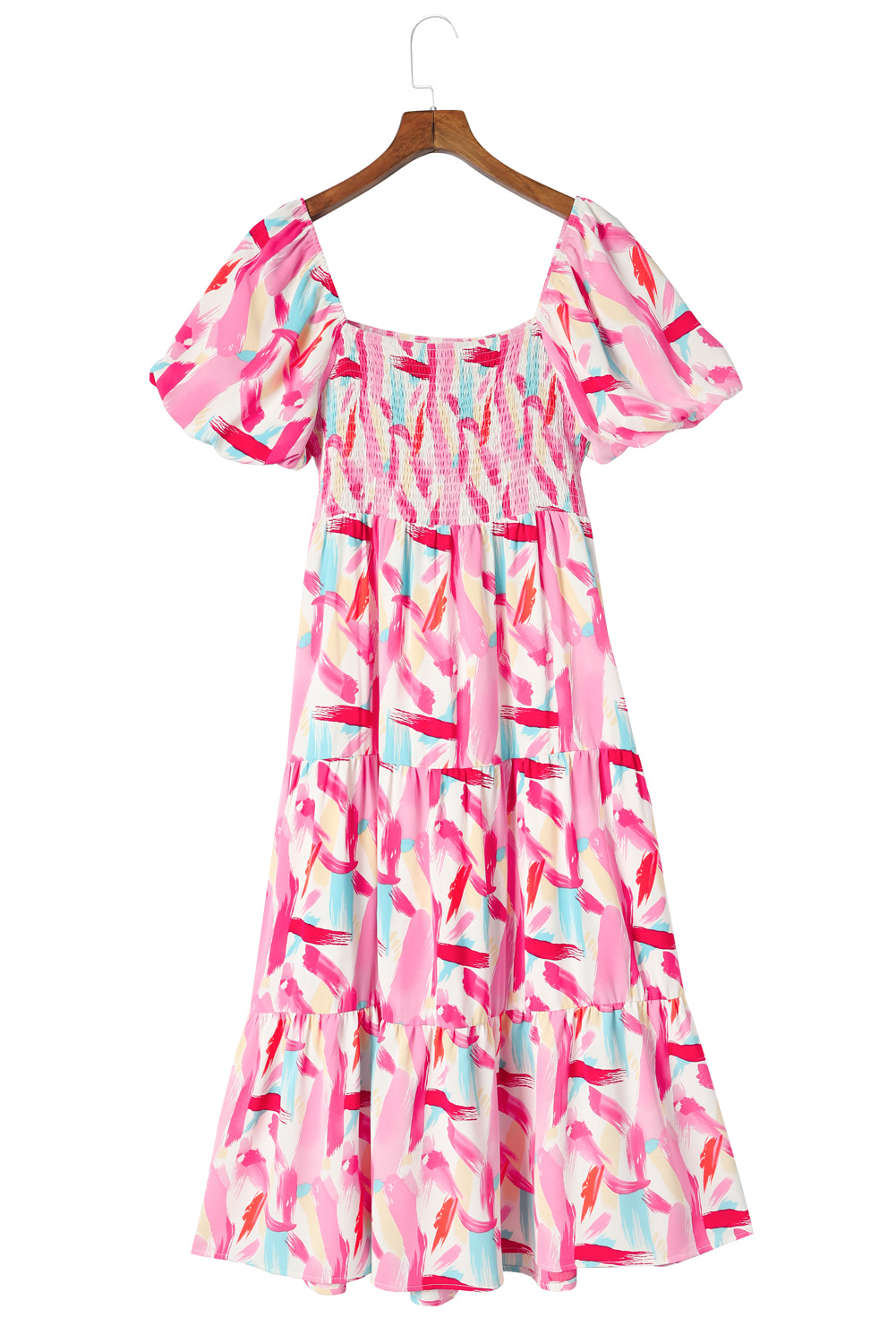 Pink Brush Stroke Printed Smocked Ruffle Tiered Dress - loveforevers