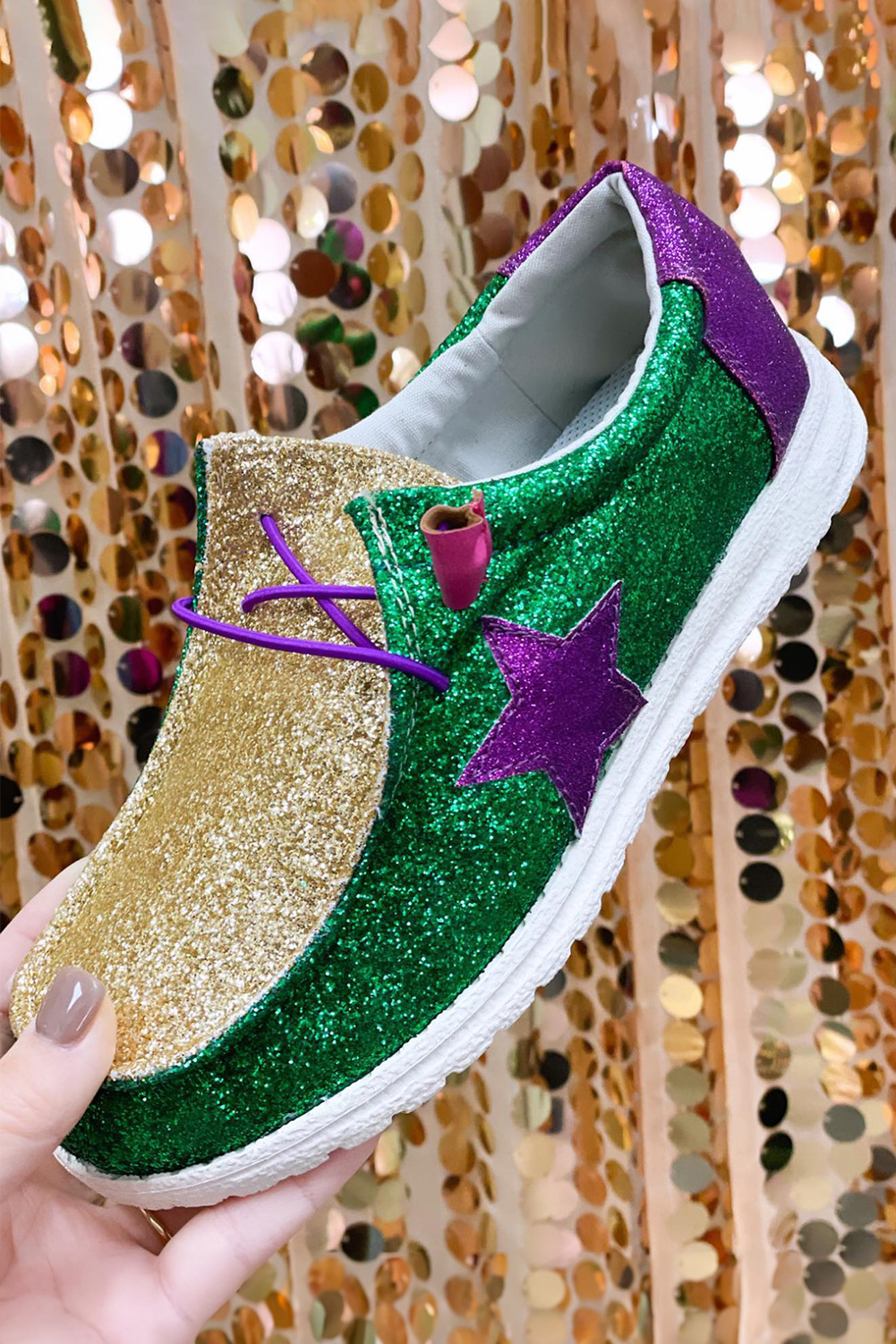 Tillandsia Purple Mardi Gras Star Glitter Color Block Patched Slip On Shoes - loveforevers