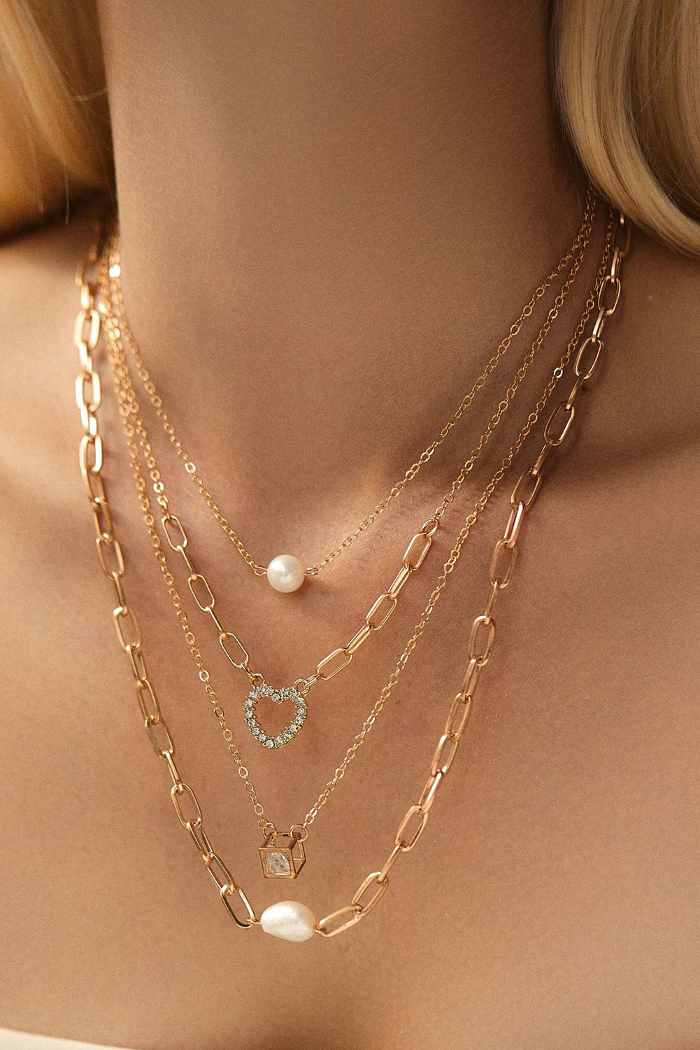 Gold 4pcs Pearl Cube Heart Pendant Plated Necklace Set - loveforevers