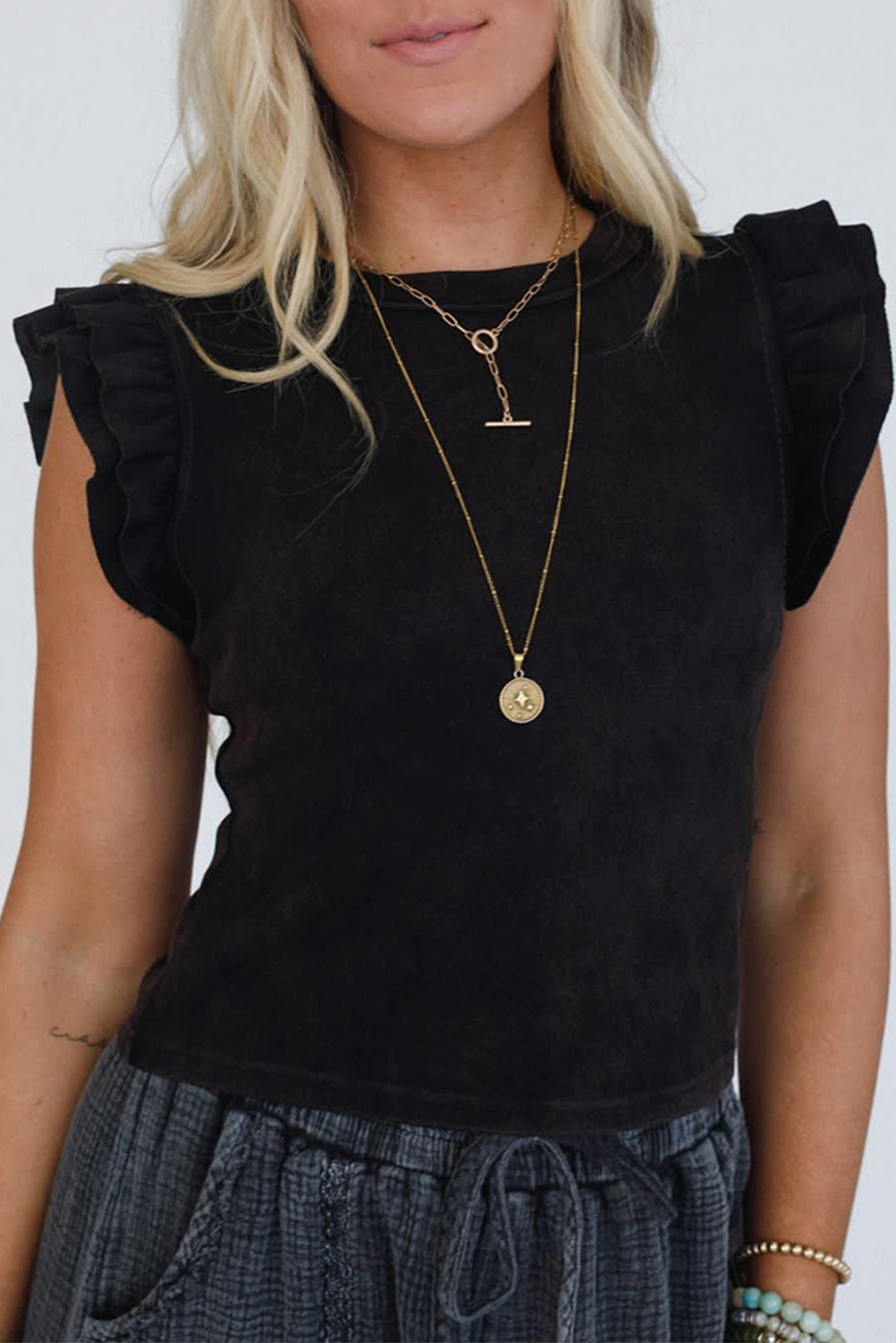 Black Ruffled Crew Neck Slim Fit Top - loveforevers