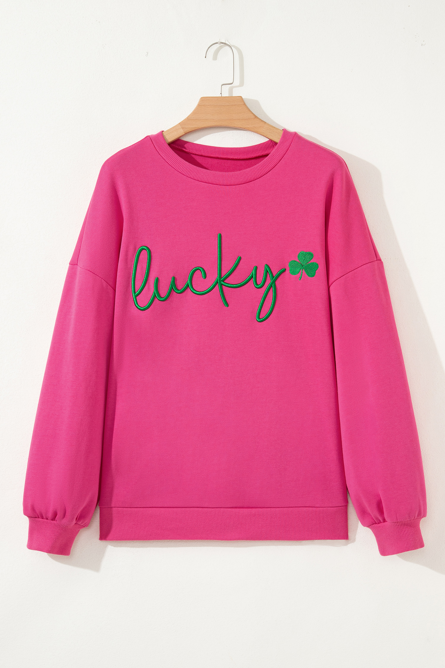 Rose Red Lucky Clover Embroidered Loose Pullover Sweatshirt - loveforevers