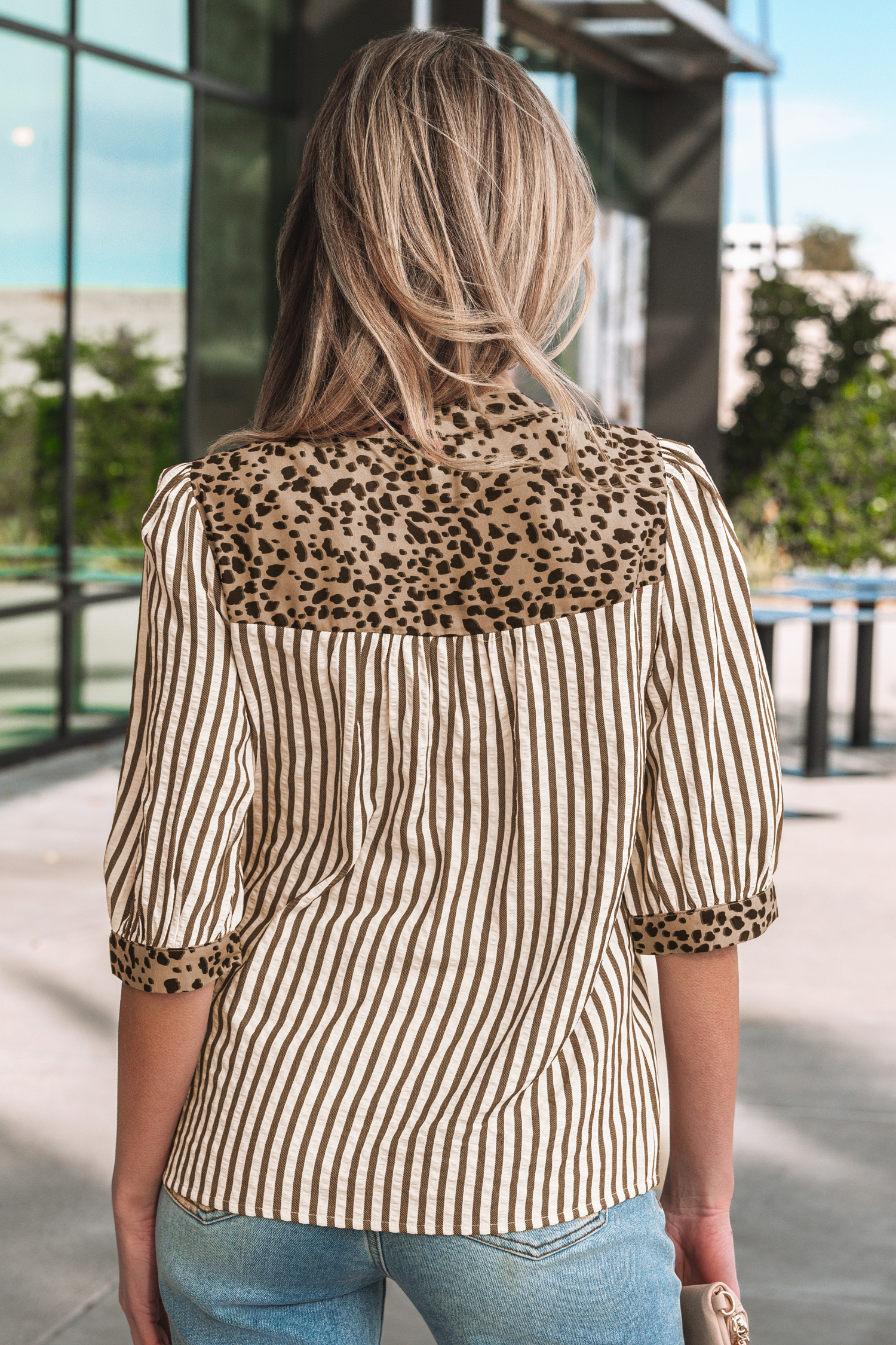 Sky Blue Stripe Leopard Trim V Neck Button Down Half Sleeve Shirt - loveforevers
