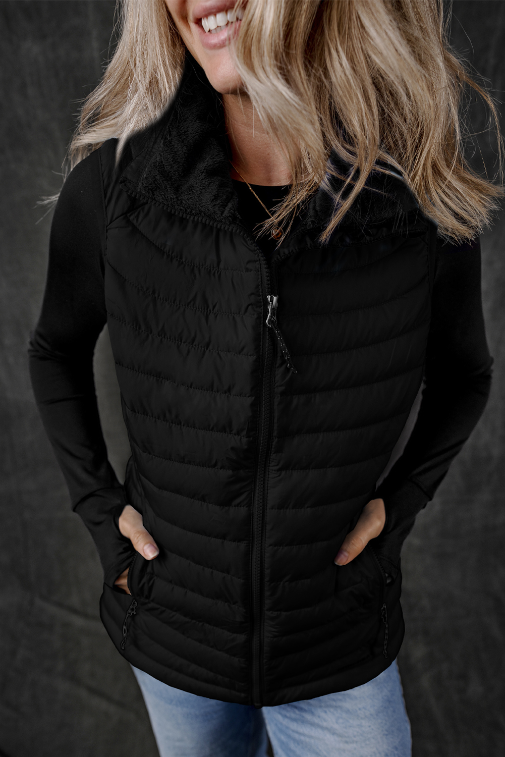 Silvery Plush Collared Quilted Zipped Puffer Vest - loveforevers