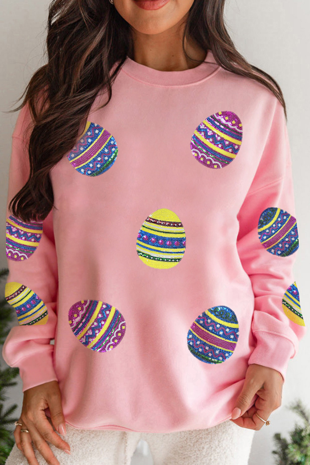Pink Sequined Bunny Egg Easter Day Pullover Sweatshirt - loveforevers