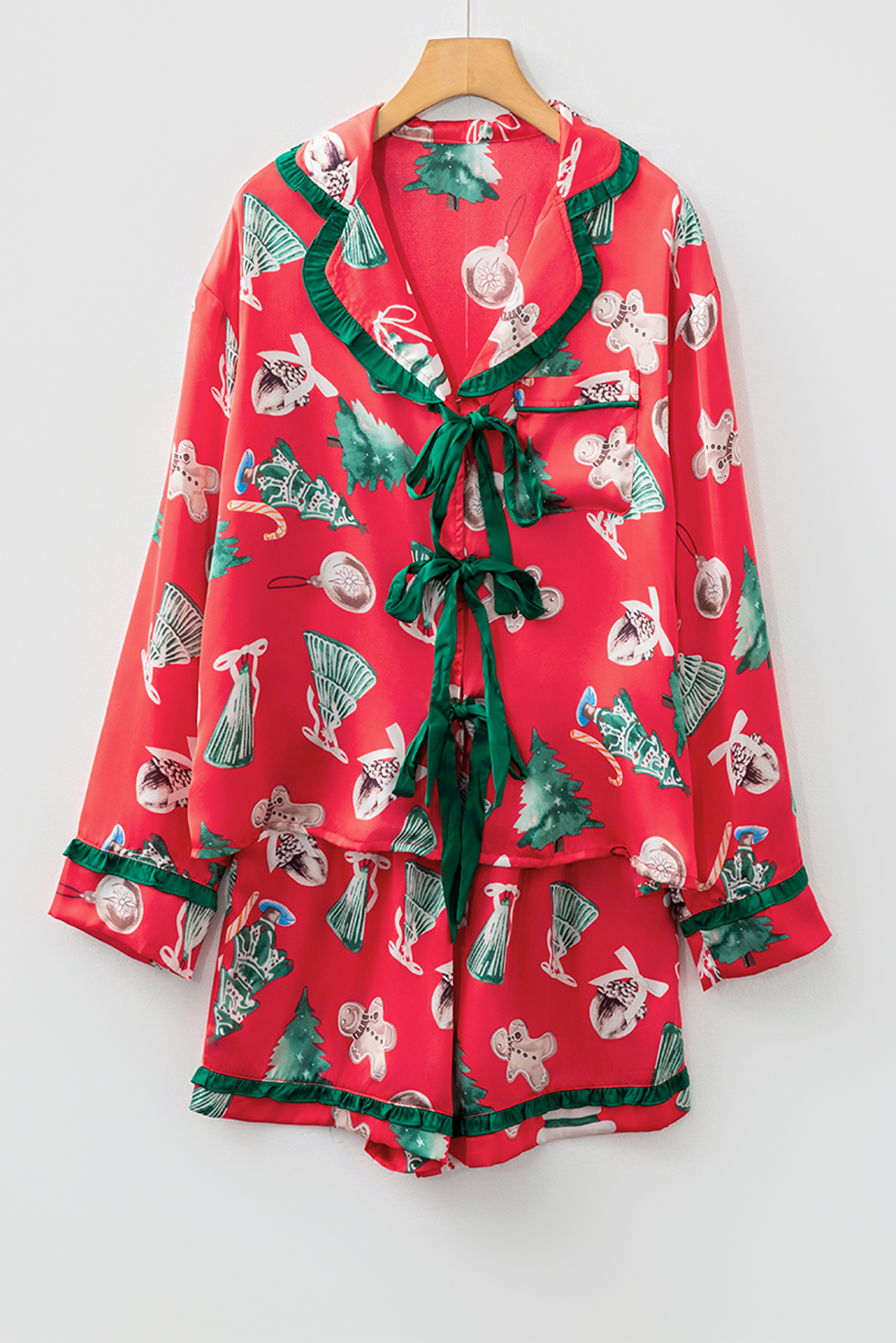 Red Christmas Fashion Print Contrast Ruffle Trim Ribbon Bow Knot 2pcs Pajama Set - loveforevers