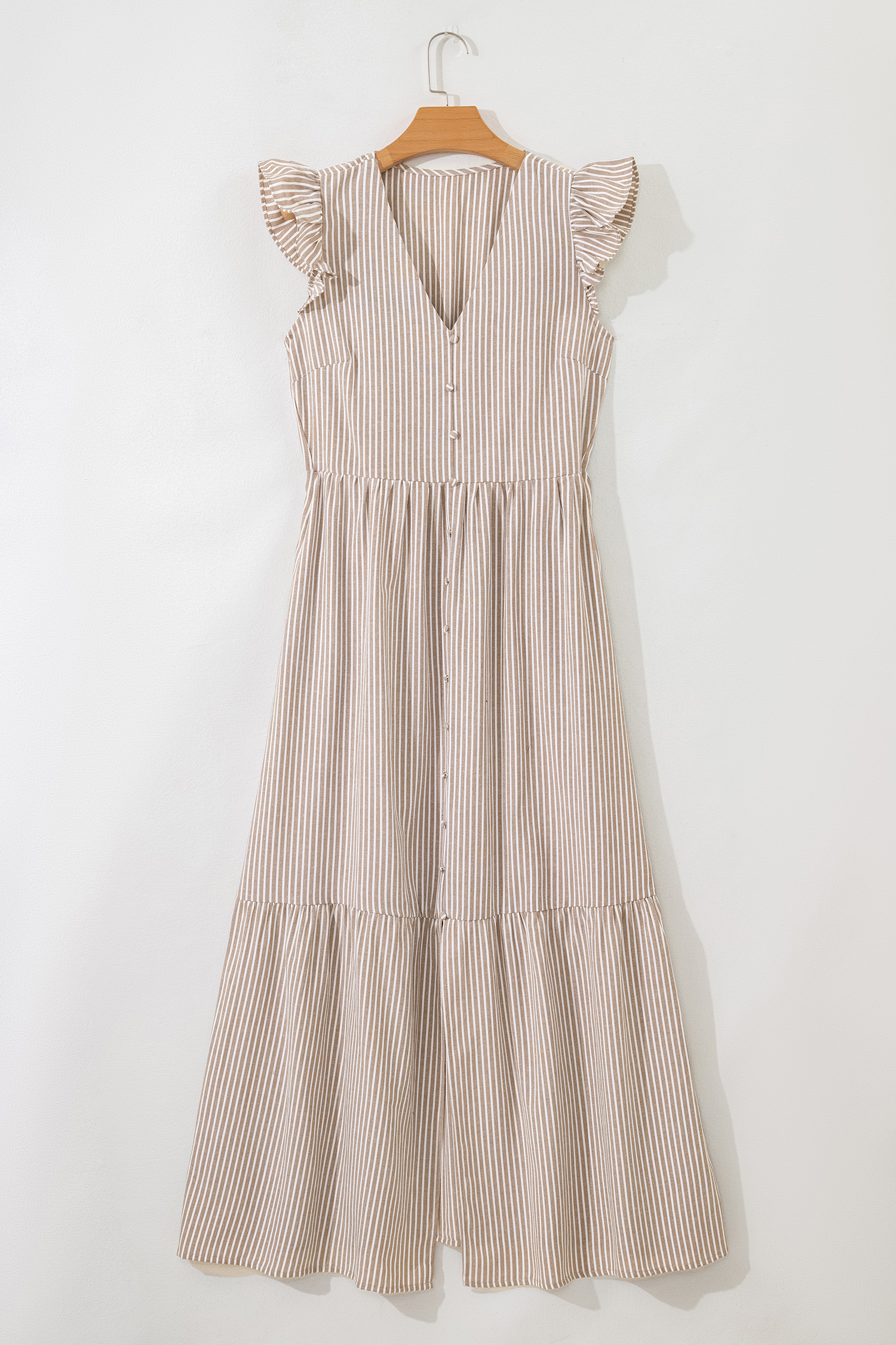 Khaki Stripe Flutter Sleeve Buttoned Front Slit Maxi Dress - loveforevers