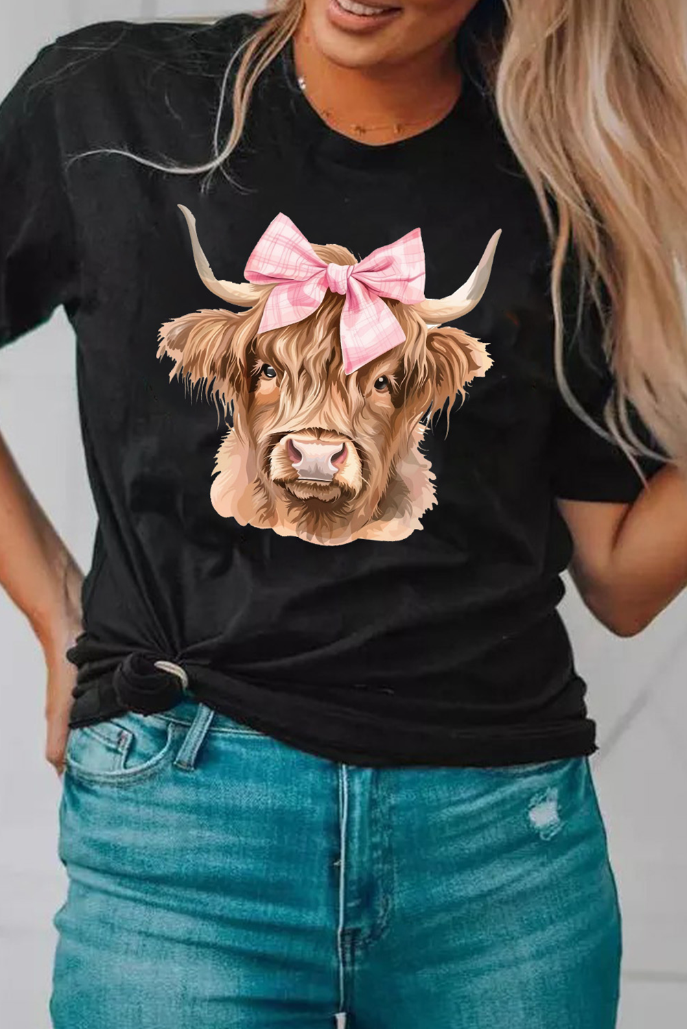 Black Bow Cow Head Graphic Western Fashion T Shirt - loveforevers