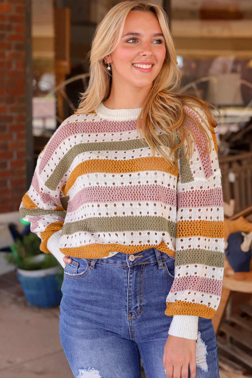 Multicolor Striped Hollowed Knitted Loose Sweater - loveforevers