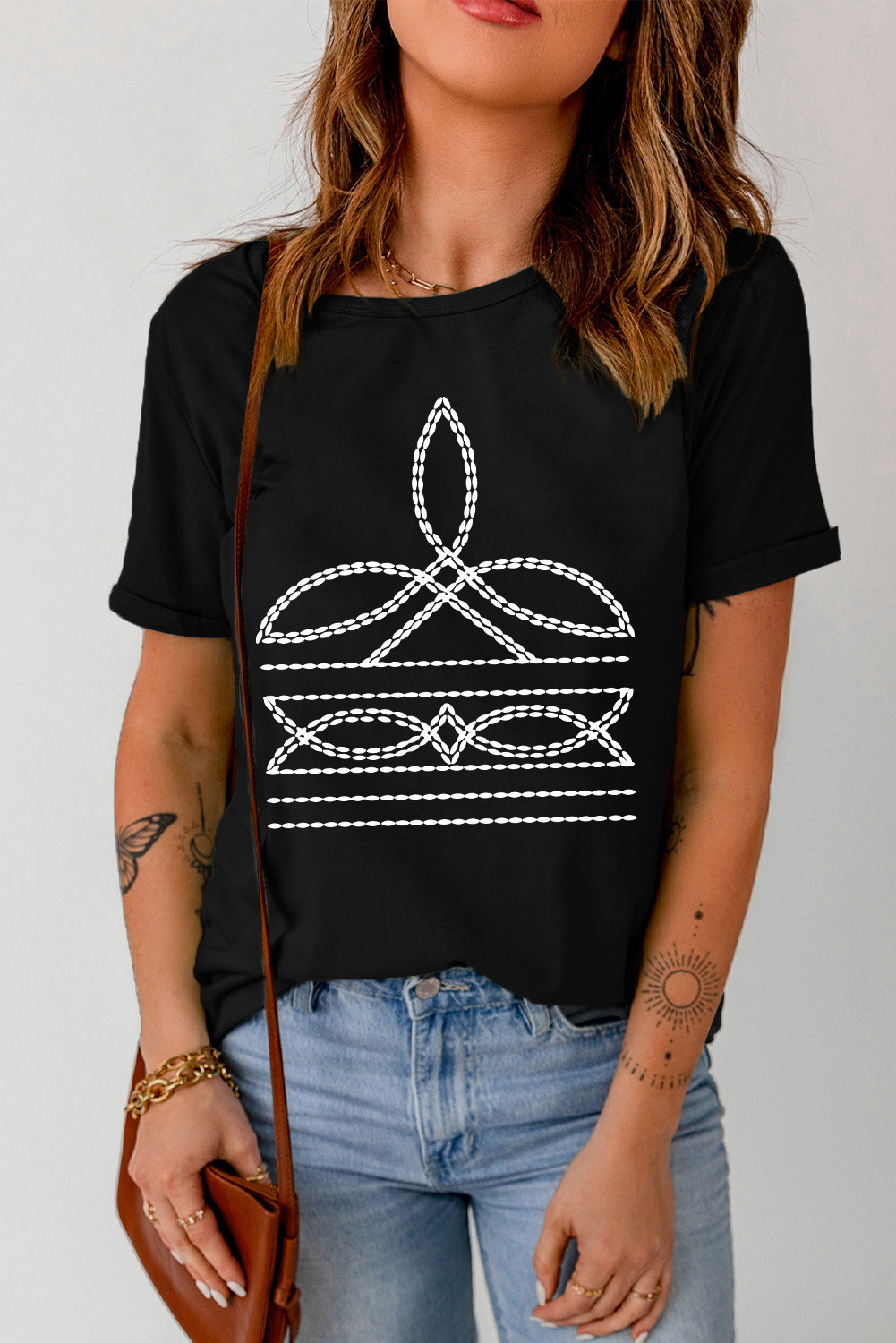 Black Western Pattern Print Slim Fit Crew Neck T Shirt - loveforevers