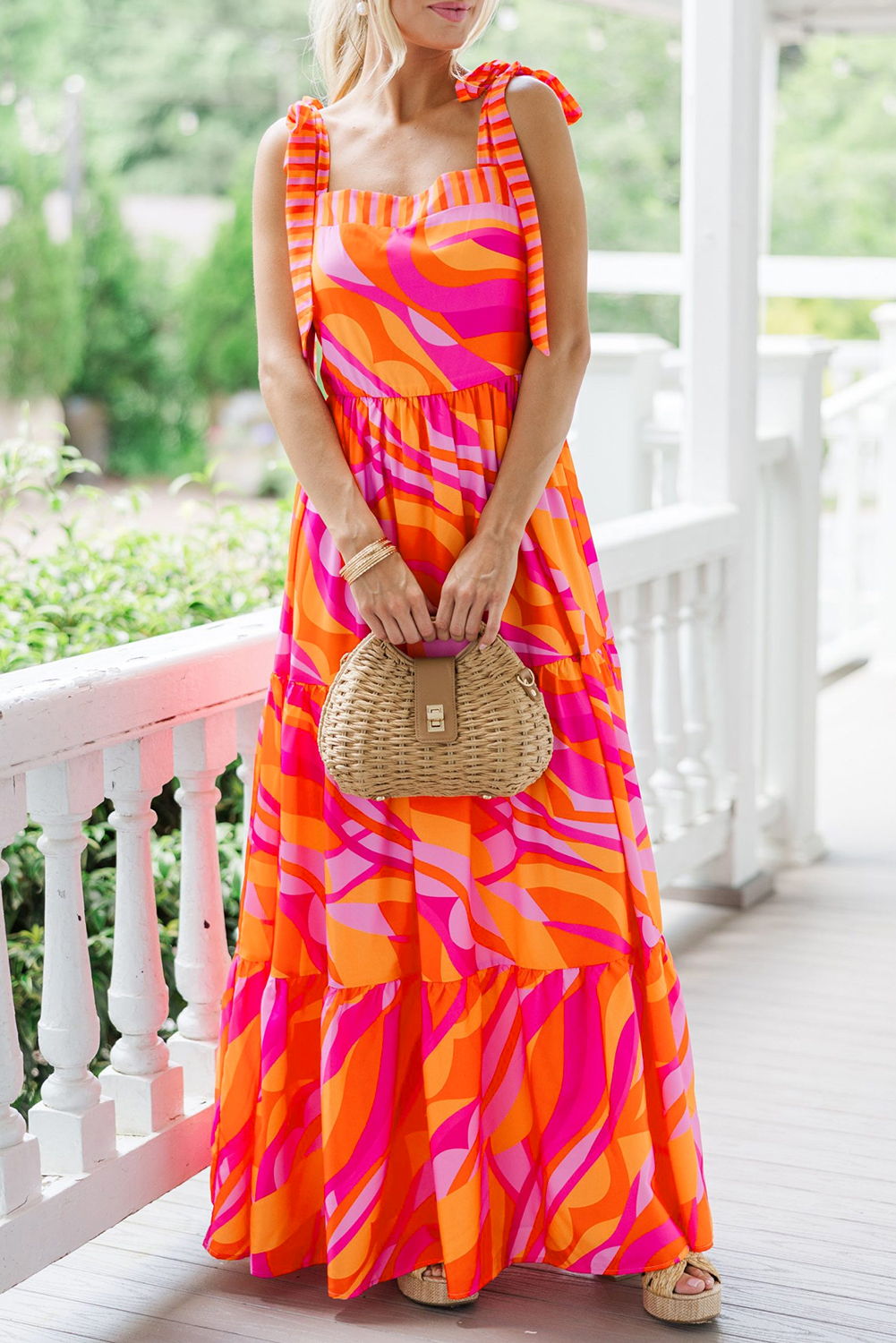 Red Abstract Print Knotted Shoulder High Waist Maxi Dress - loveforevers
