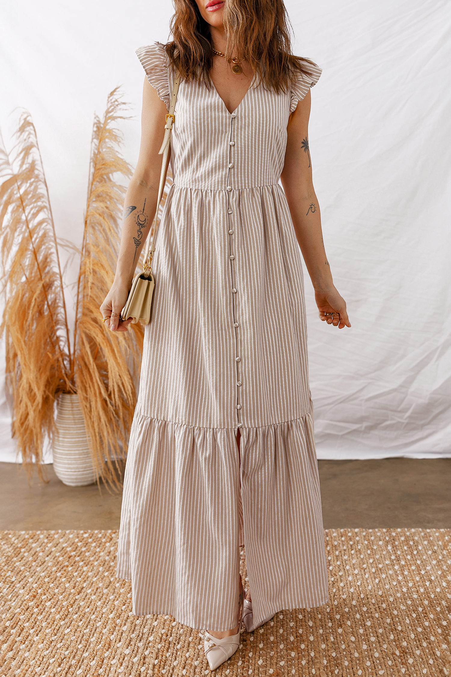 Khaki Stripe Flutter Sleeve Buttoned Front Slit Maxi Dress - loveforevers