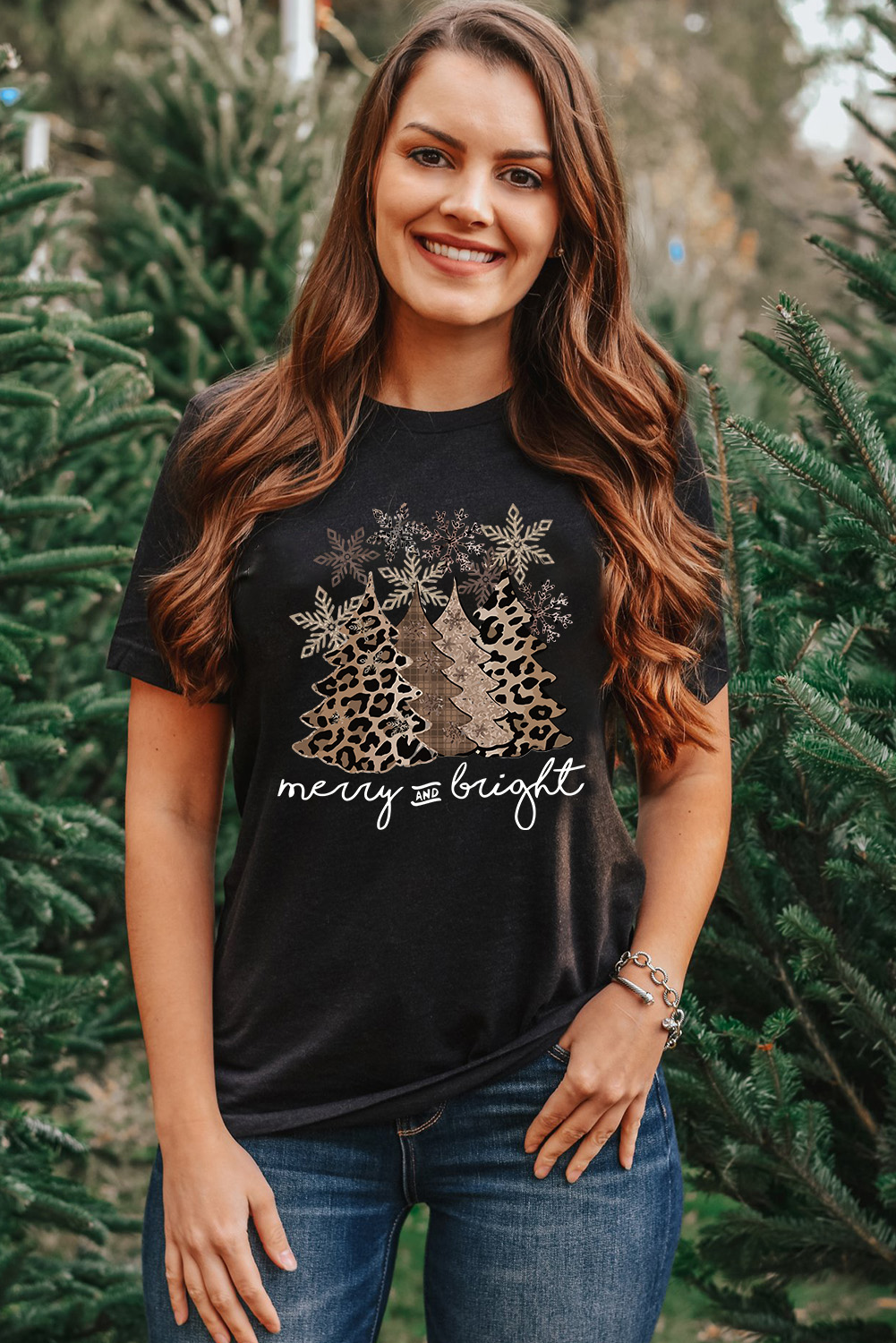 Black Leopard Christmas Tree Graphic Crew Neck T Shirt - loveforevers