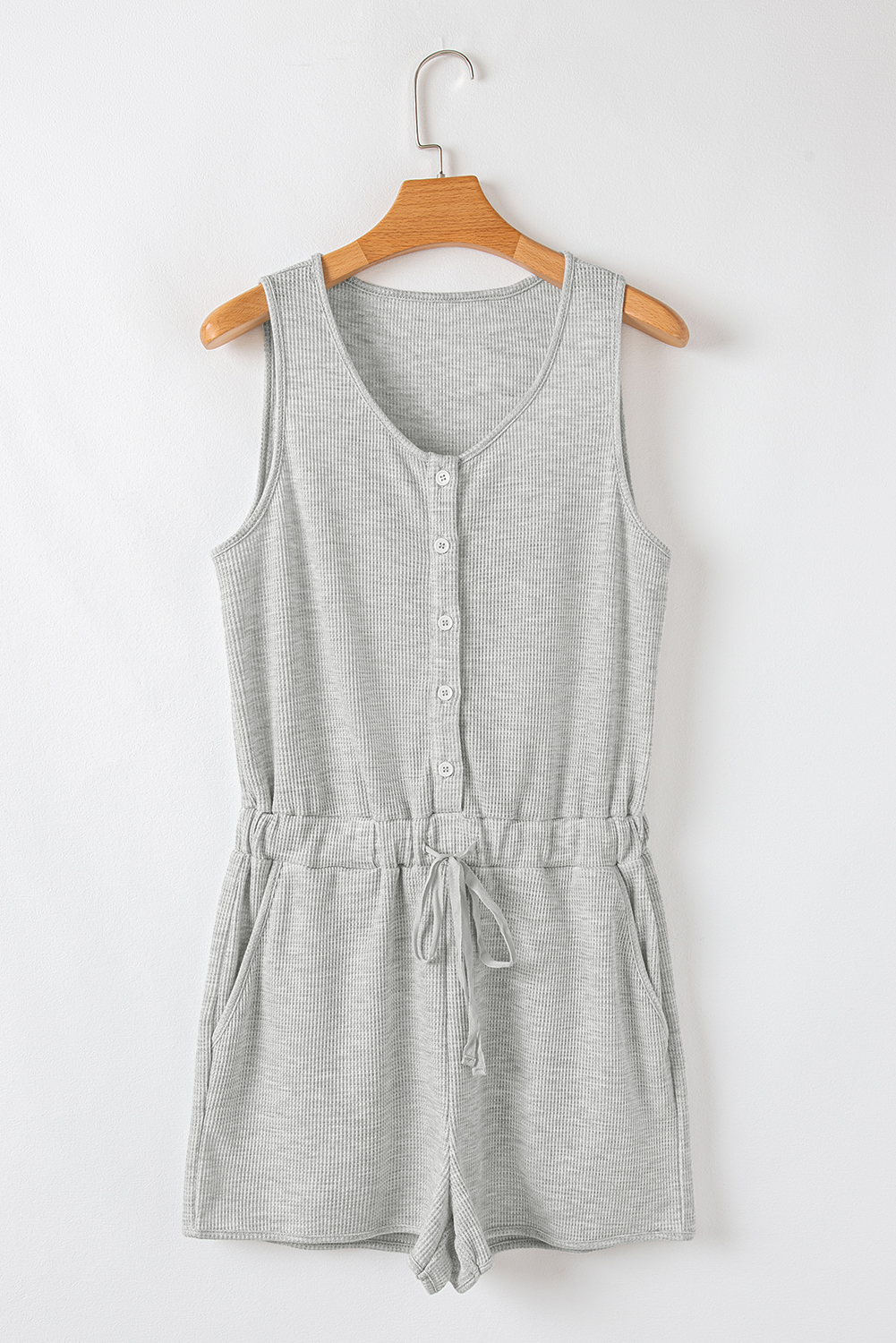 Light Grey Waffle Knit Sleeveless Buttoned Front Drawstring Elastic Waistband Romper - loveforevers