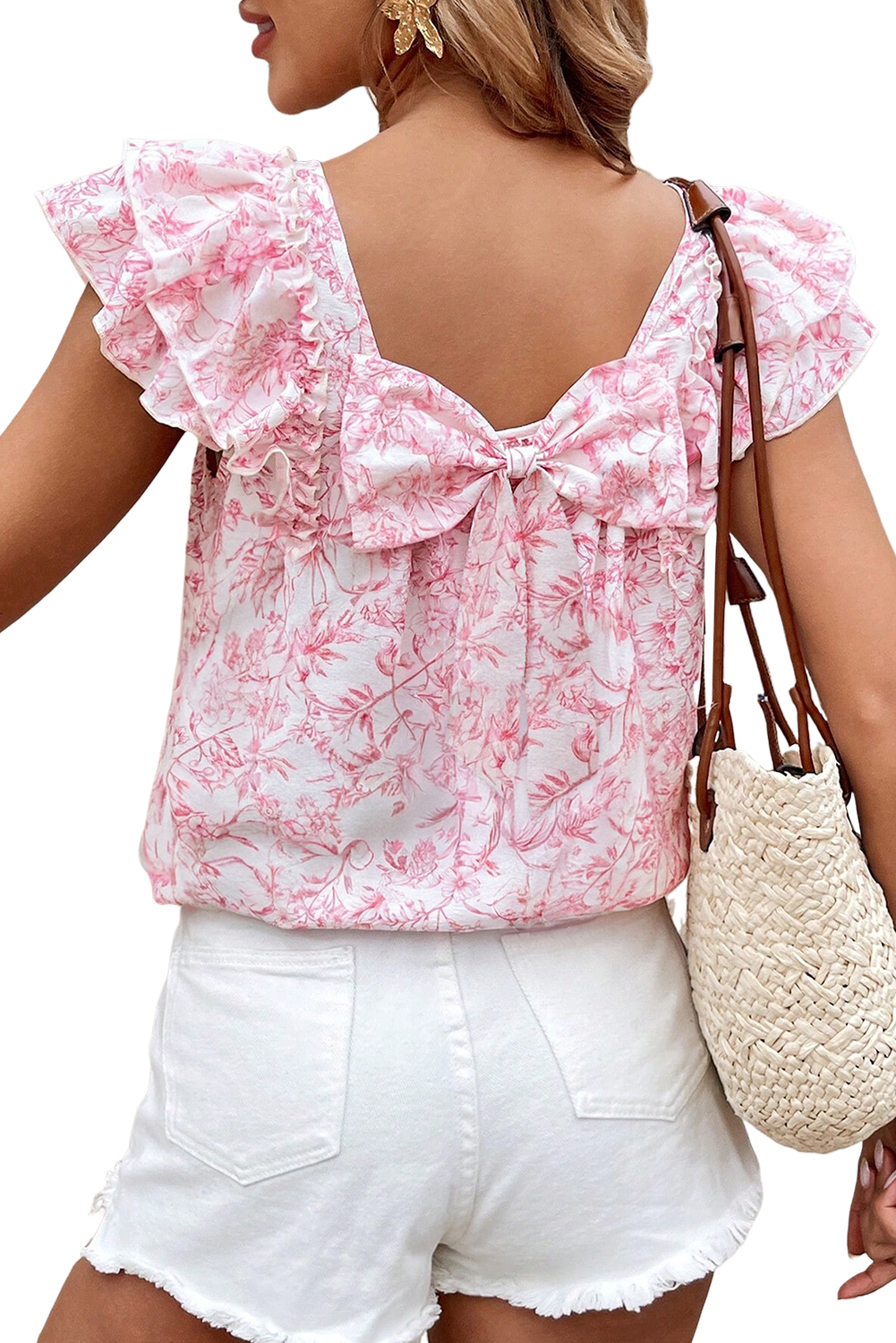 Beau Blue Textured Bow Knot Frilled Butterfly Sleeve Blouse - loveforevers
