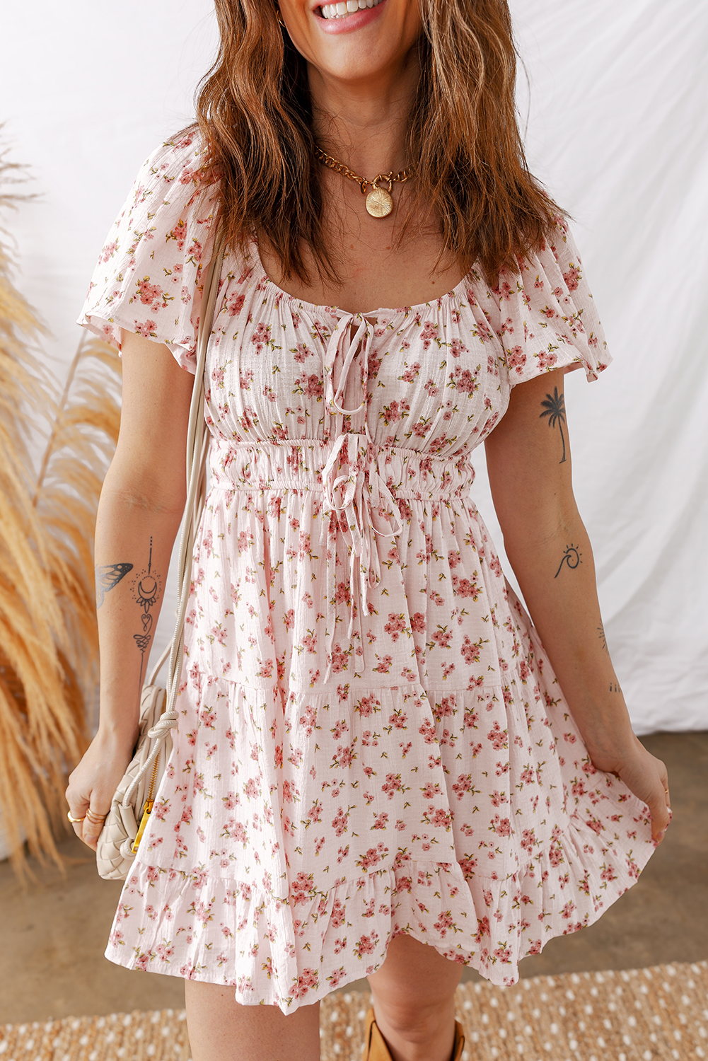 Pink Front Tie Shirred Waist Short Sleeve Ruffled Floral Mini Dress - loveforevers