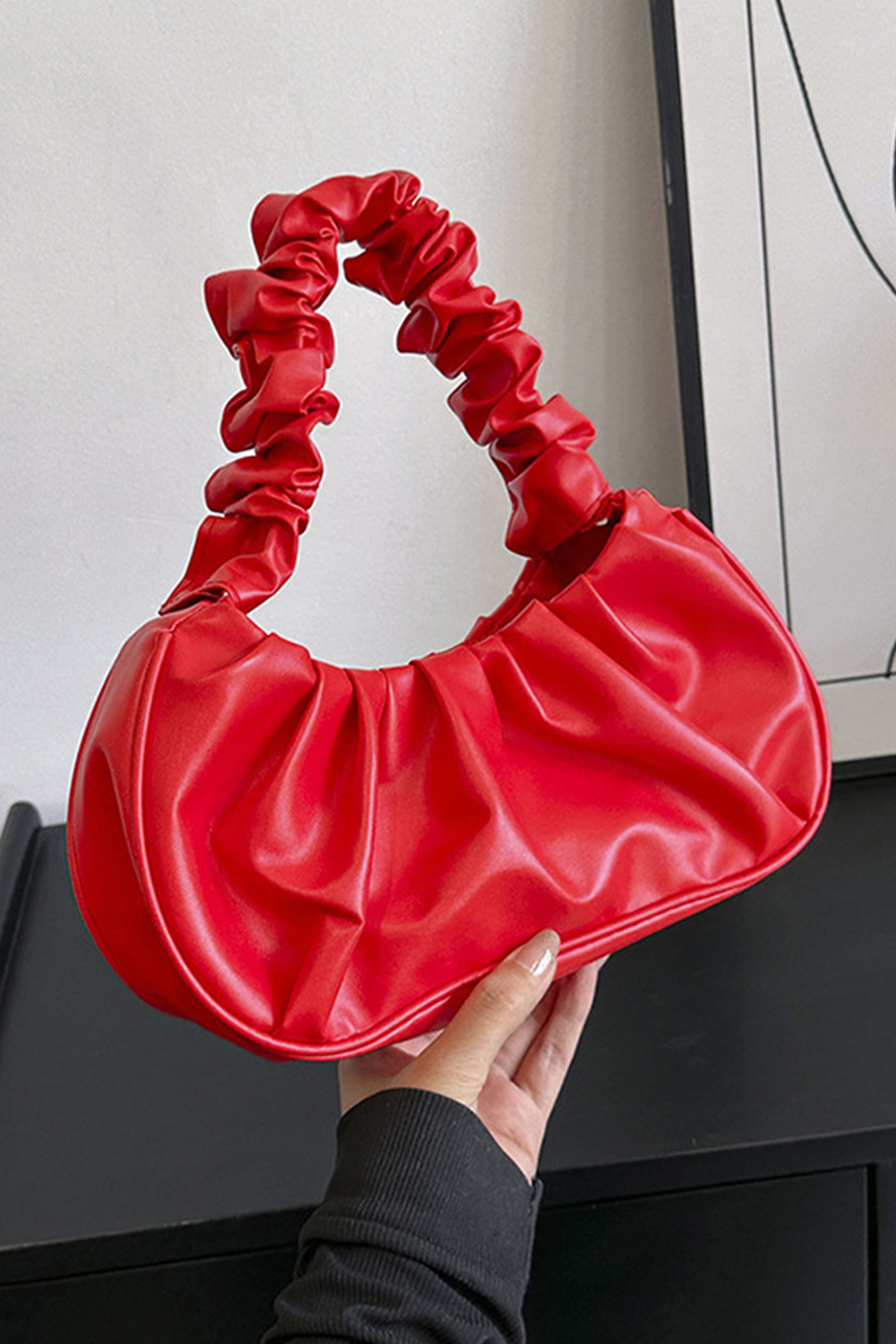 Fiery Red Ruched Faux Leather Shoulder Bag - loveforevers