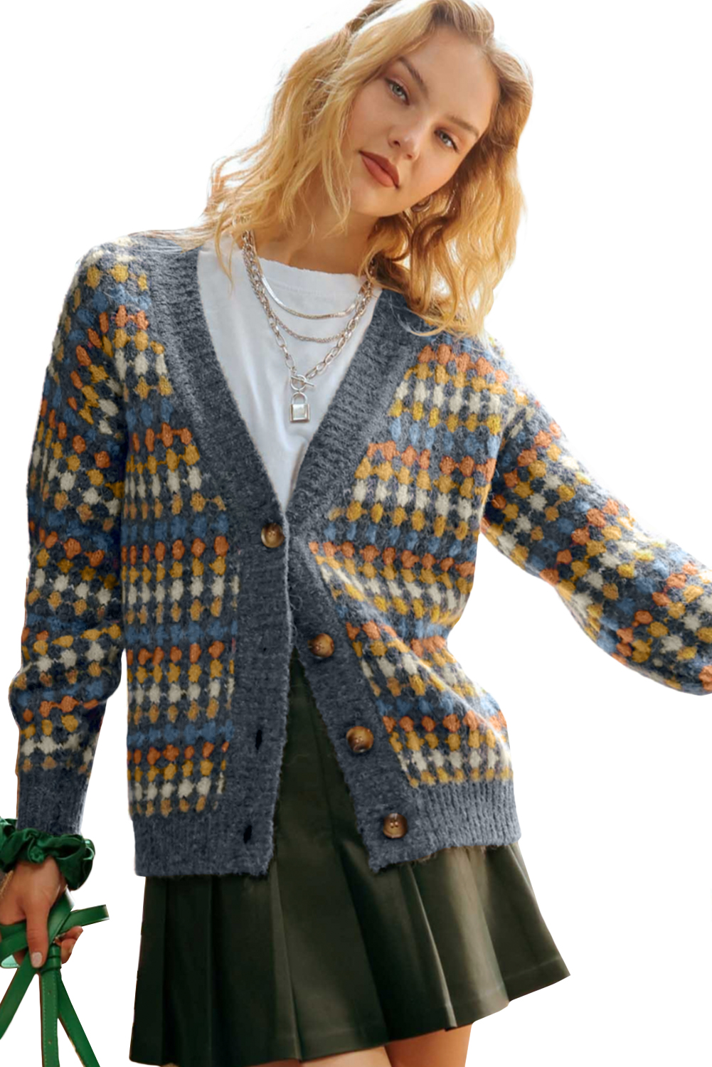 Gray Dotty Pattern Knit Button Front V Neck Sweater Cardigan - loveforevers