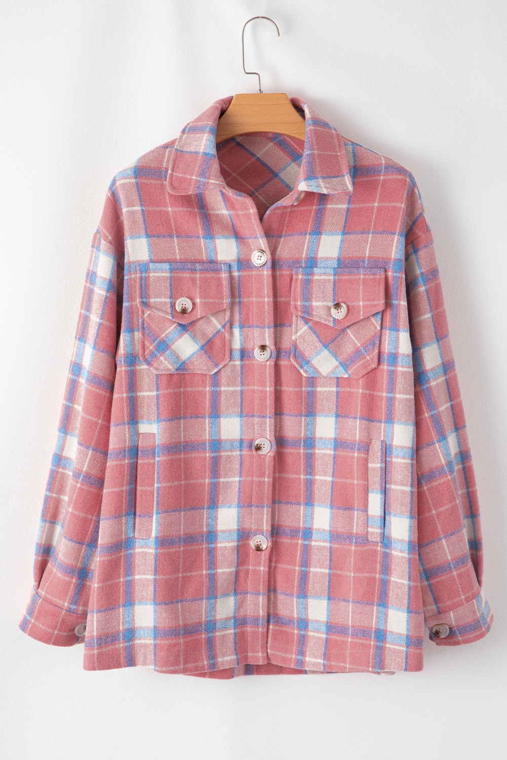 Pink Plaid Flap Pocket Button Up Shacket - loveforevers