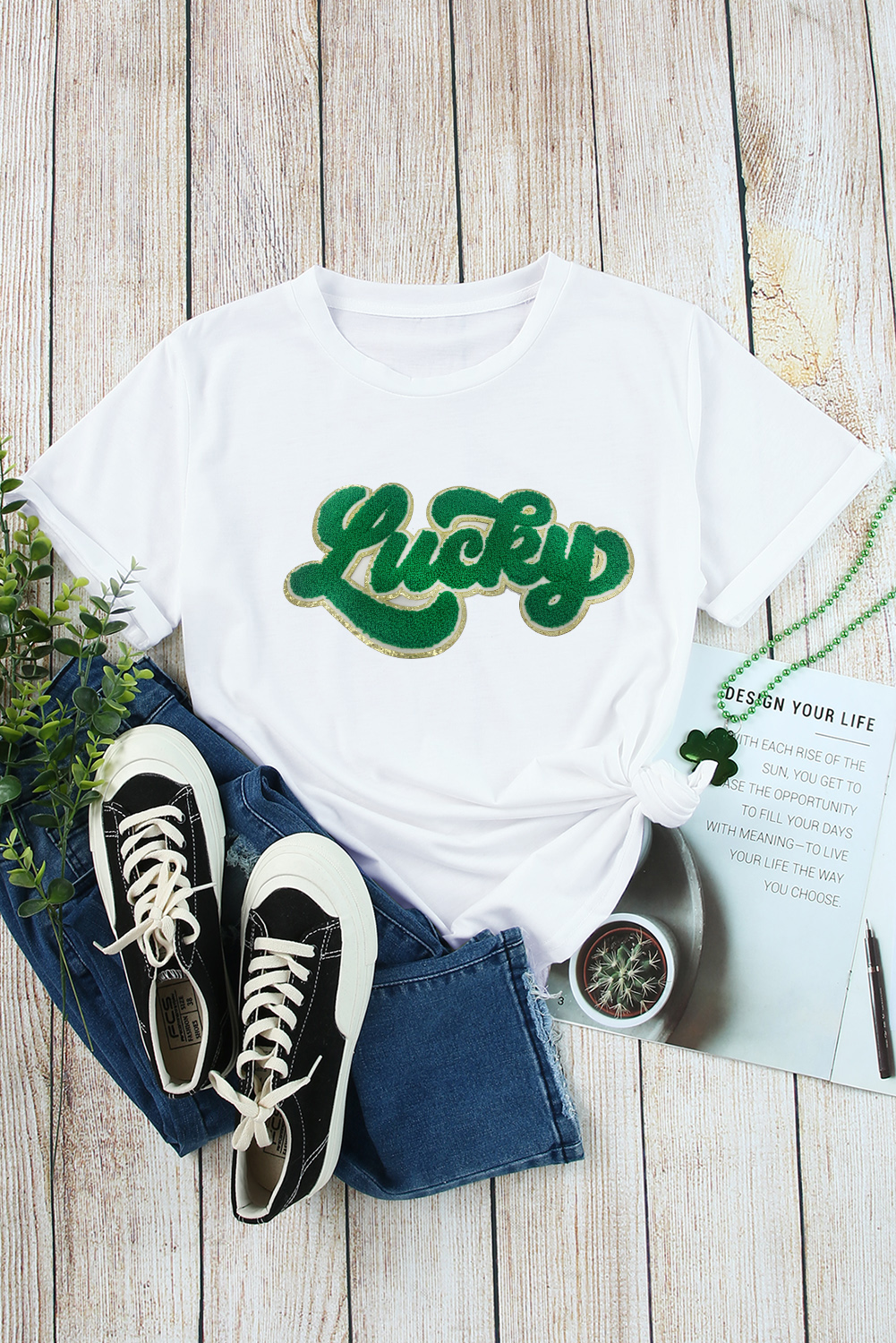 Black St. Patricks Lucky Clover Print O Neck T Shirt - loveforevers
