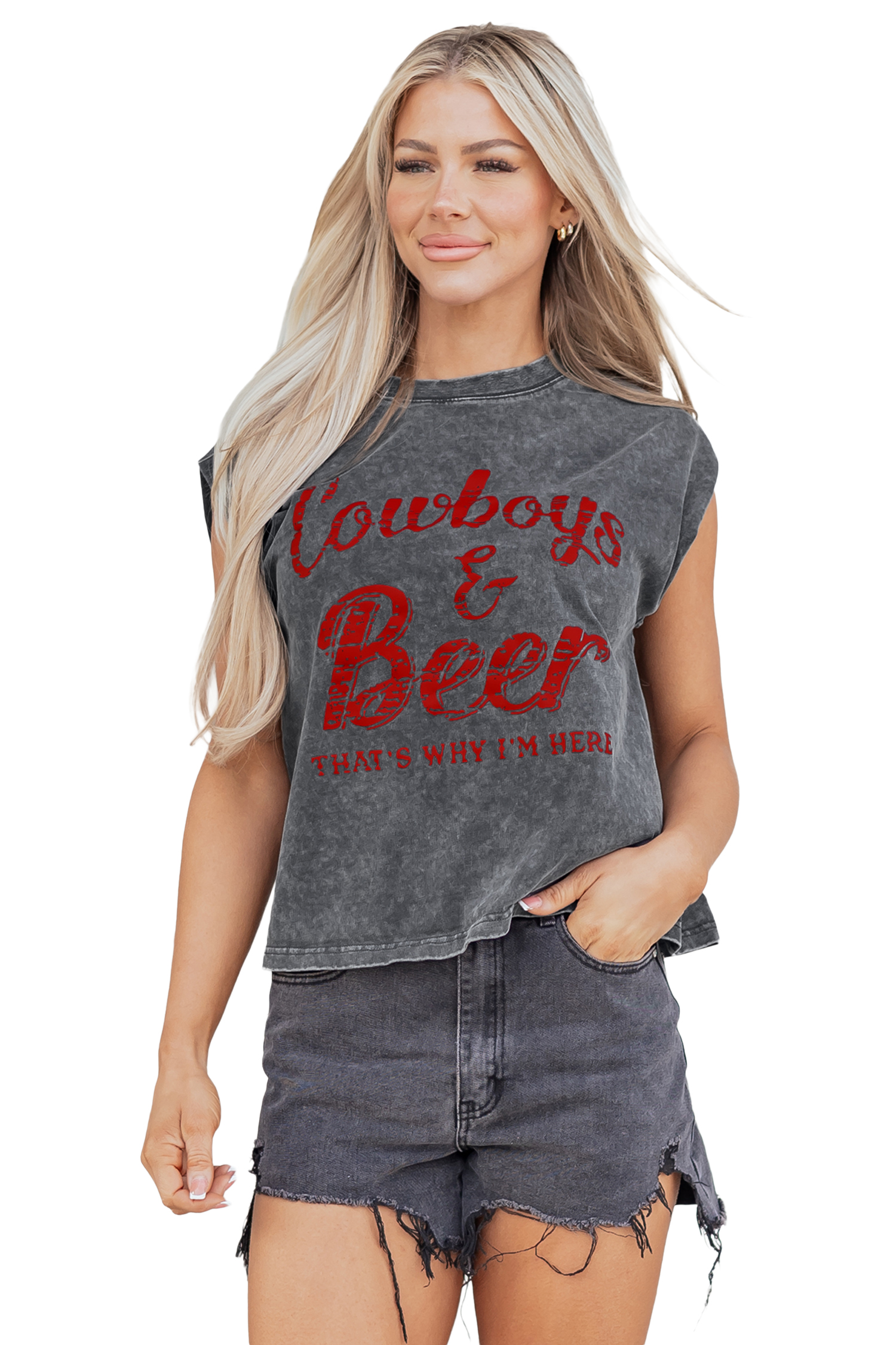Smoke Gray Cowboy & Beer Western Graphic Mineral Wash Tank Top - loveforevers