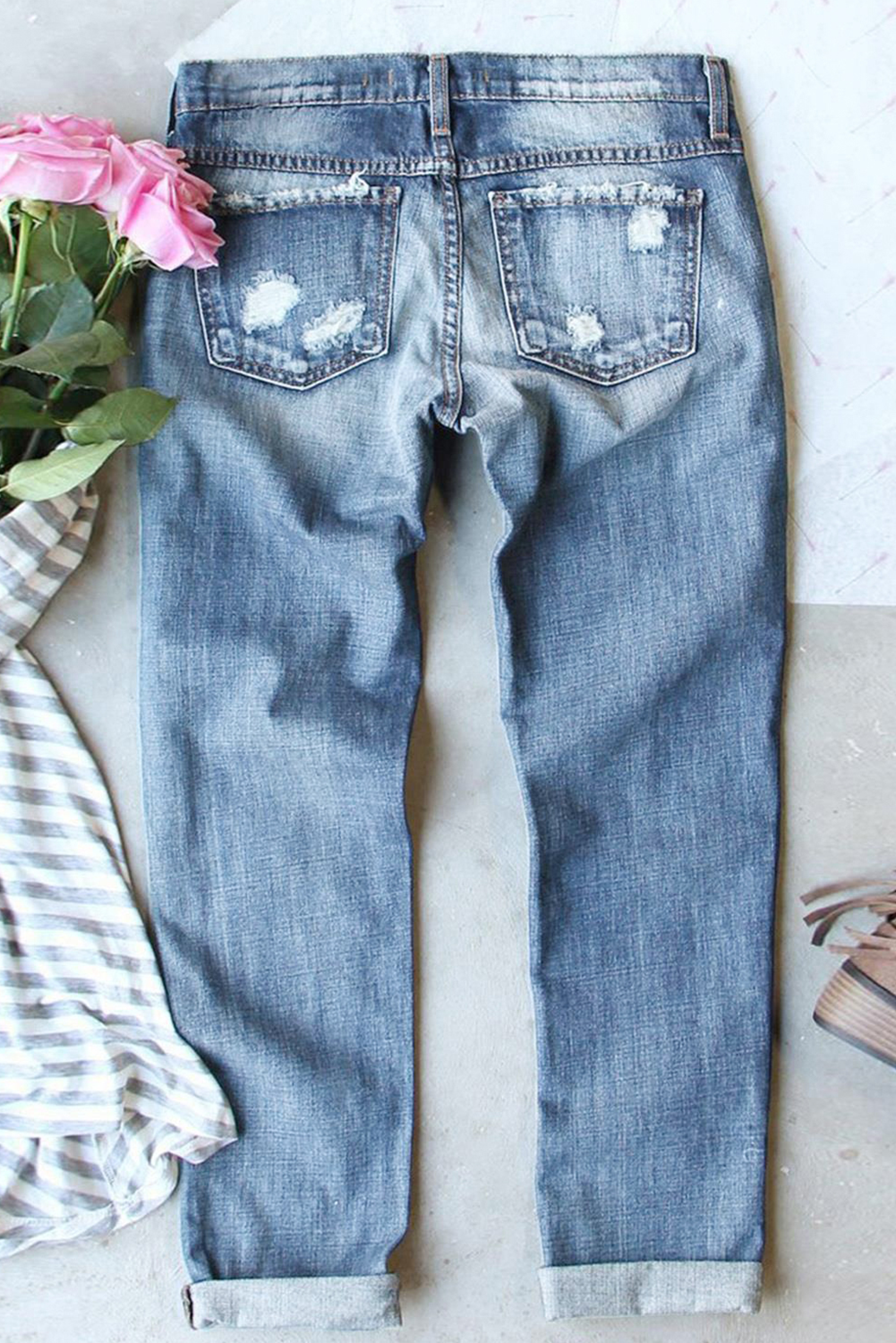 Light Blue Stars and Stripes Bow Patched Distressed Straight Jeans - loveforevers