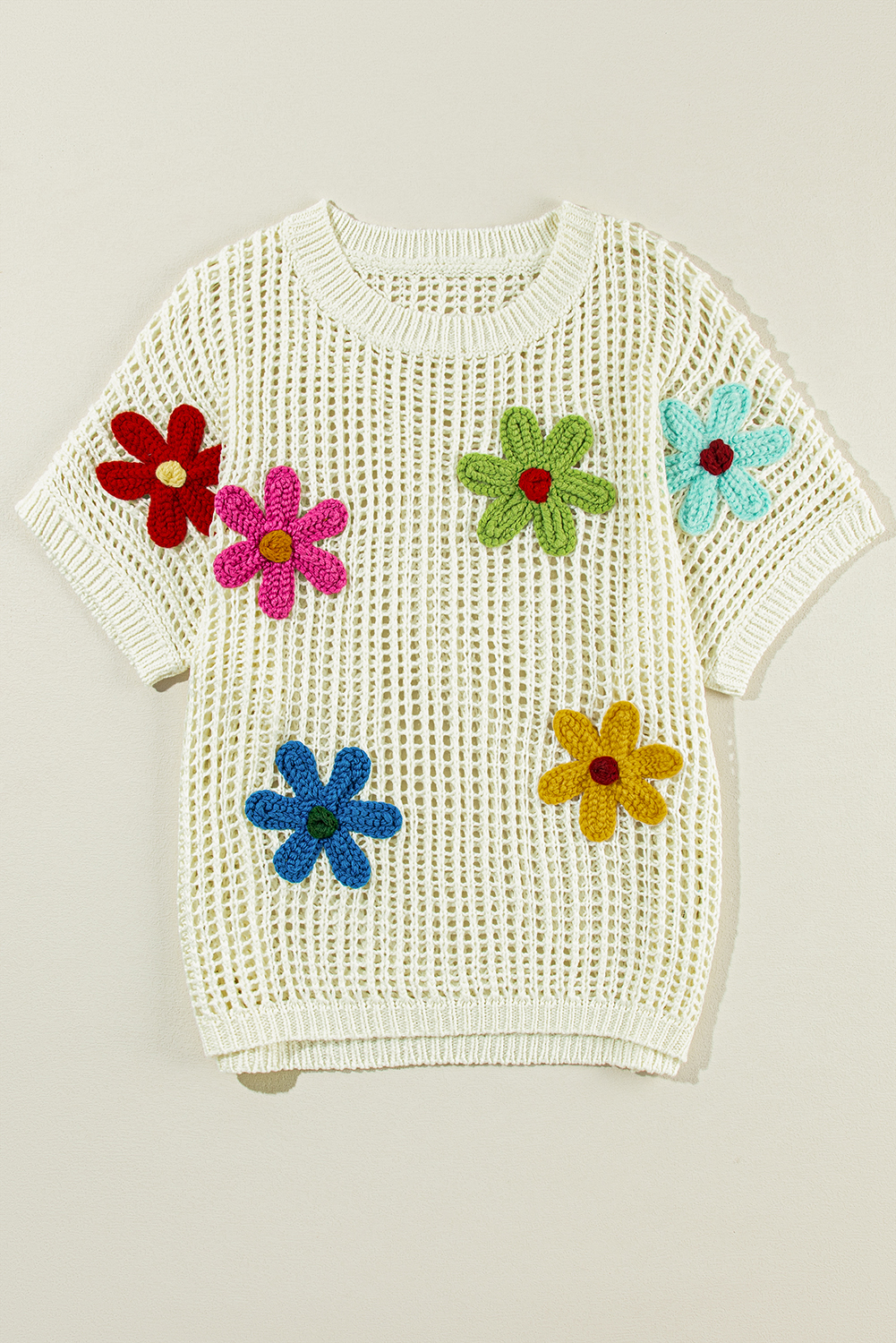 Light French Beige Crochet Flower Hollow-out Sweater T Shirt - loveforevers