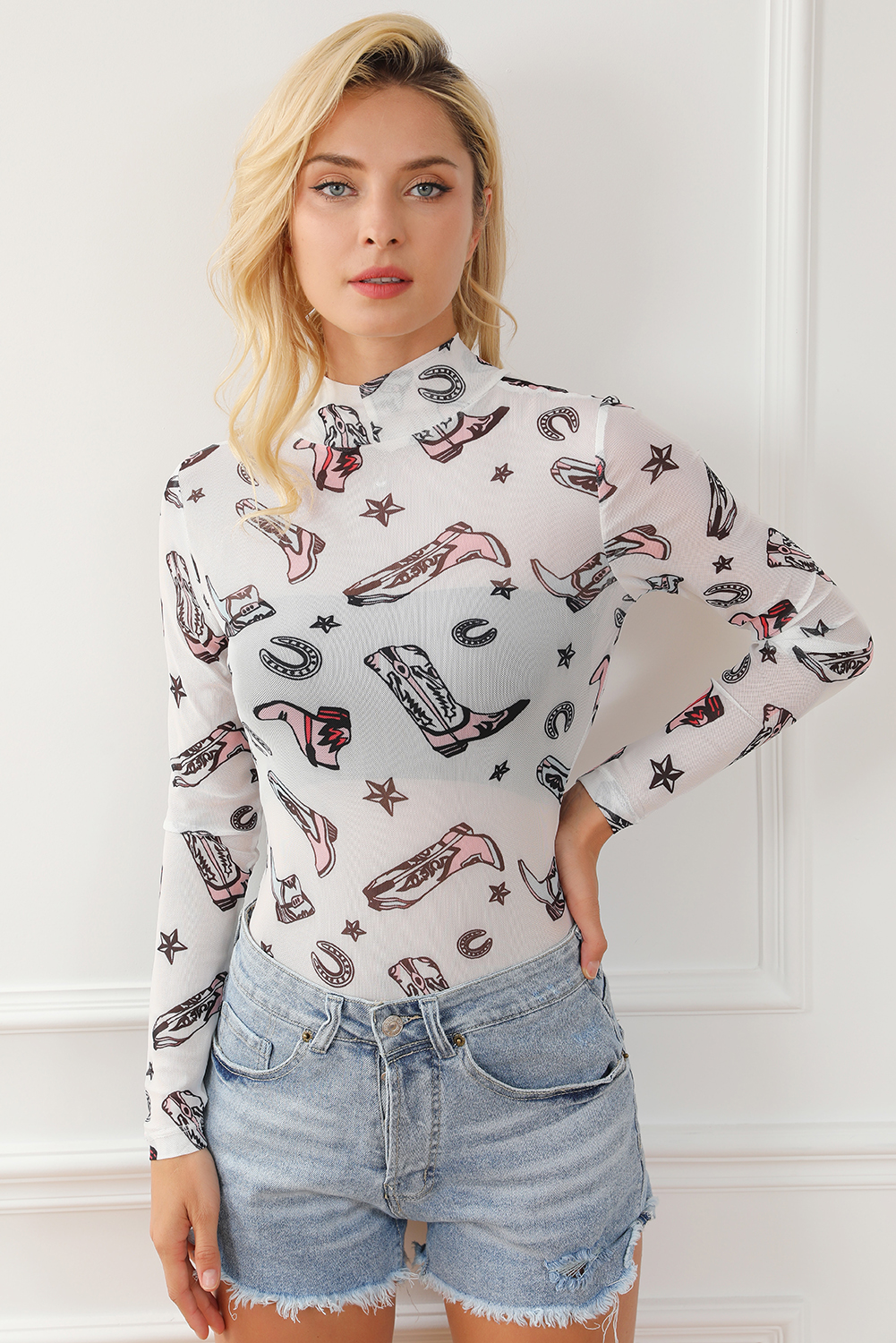 White Rodeo Bound Printed Long Sleeve Bodysuit - loveforevers