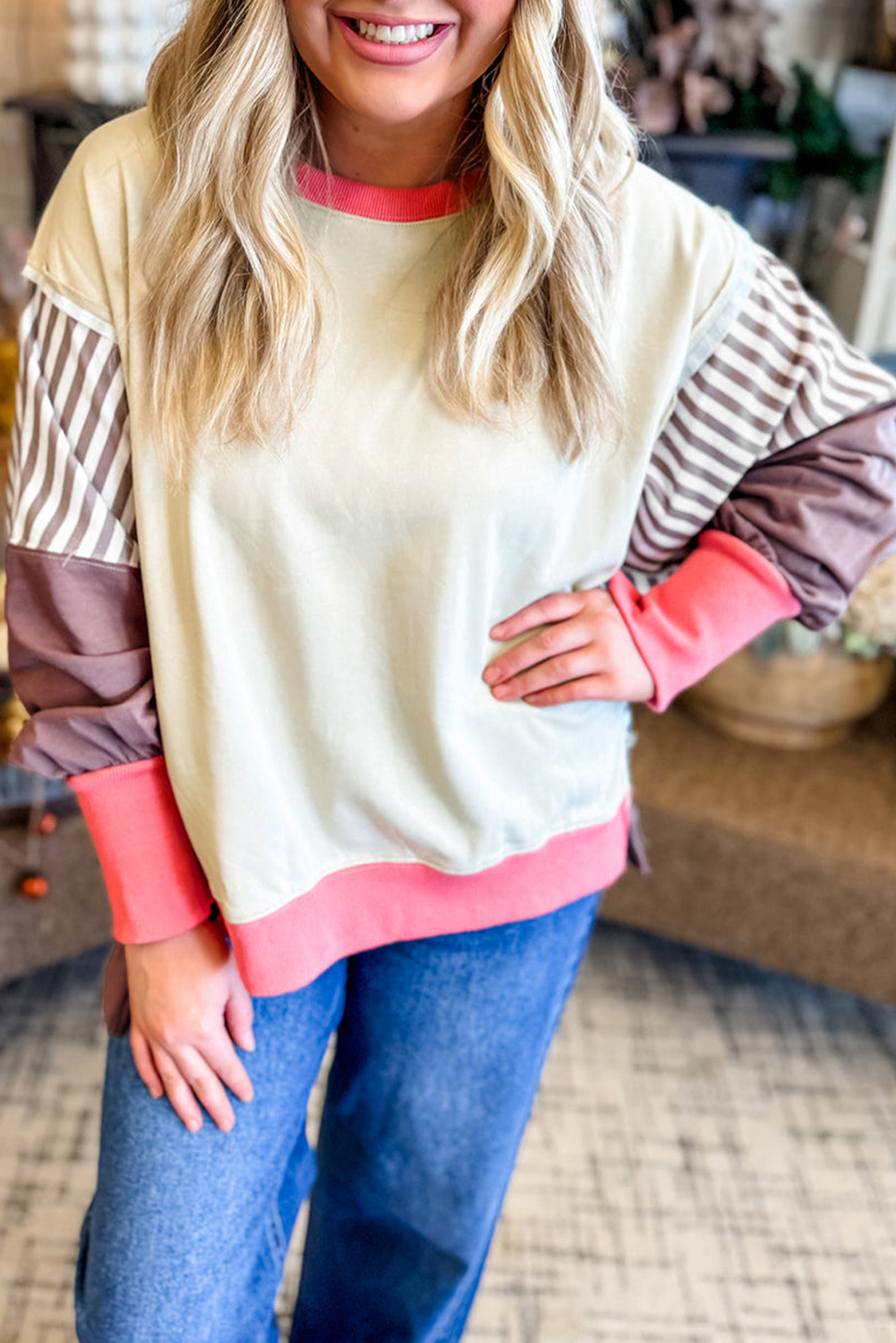White Color Block Striped Patchwork Dolman Slit Sweatshirt - loveforevers