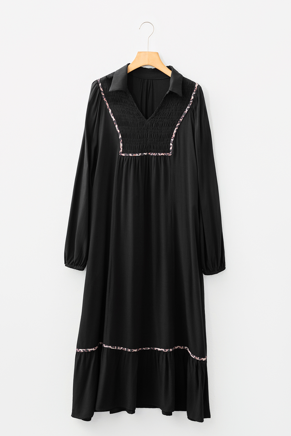 Four Leaf Clover Collared V Neck Smocked Detail Contrast Leopard Trim Bracelet Sleeve Long Dress - loveforevers