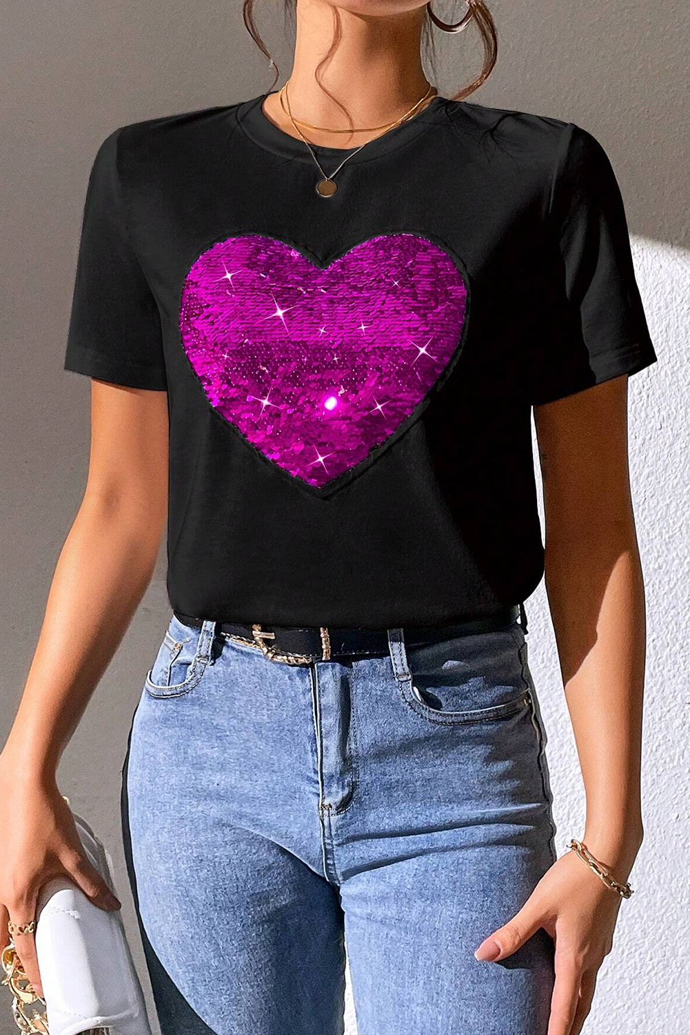 Red Leopard Striped Heart Shaped Print Crew Neck T Shirt - loveforevers