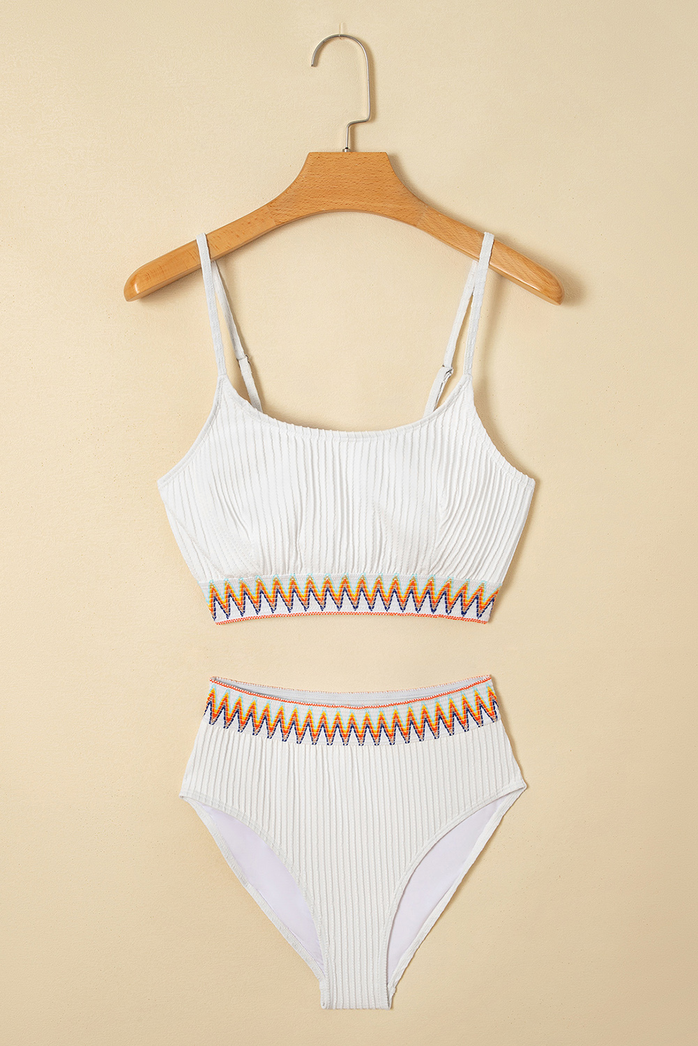 White Textured Contrast Banding Bikini High Waist 2pcs Swimsuit - loveforevers