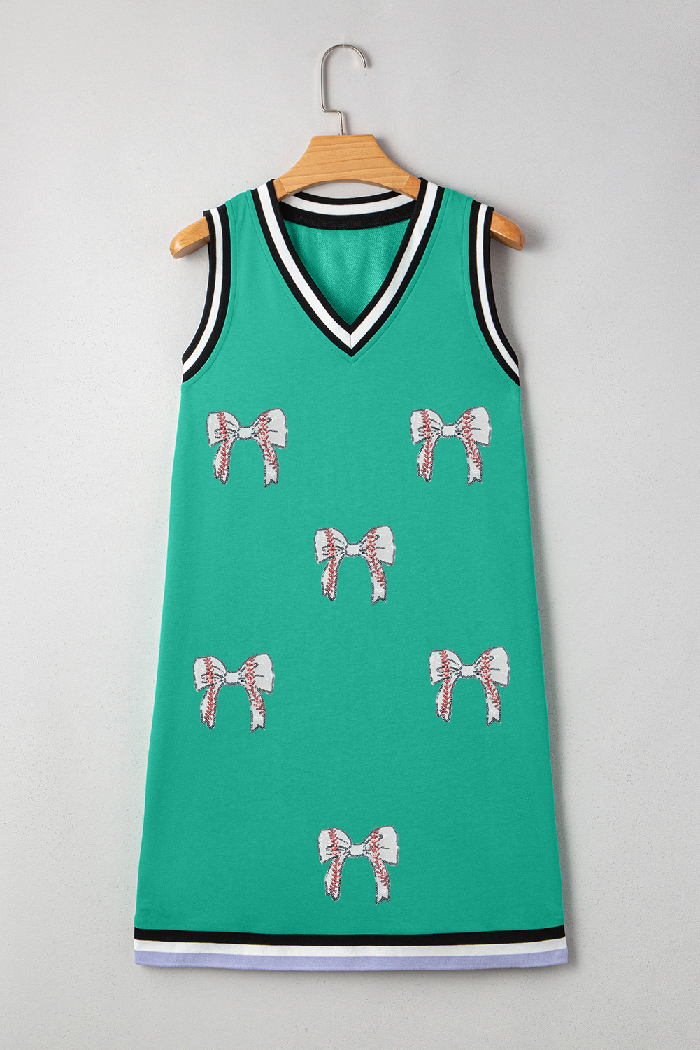 Mint Green Varsity Contrast Striped V Neck Long Sleeve T Shirt Dress with Pockets - loveforevers