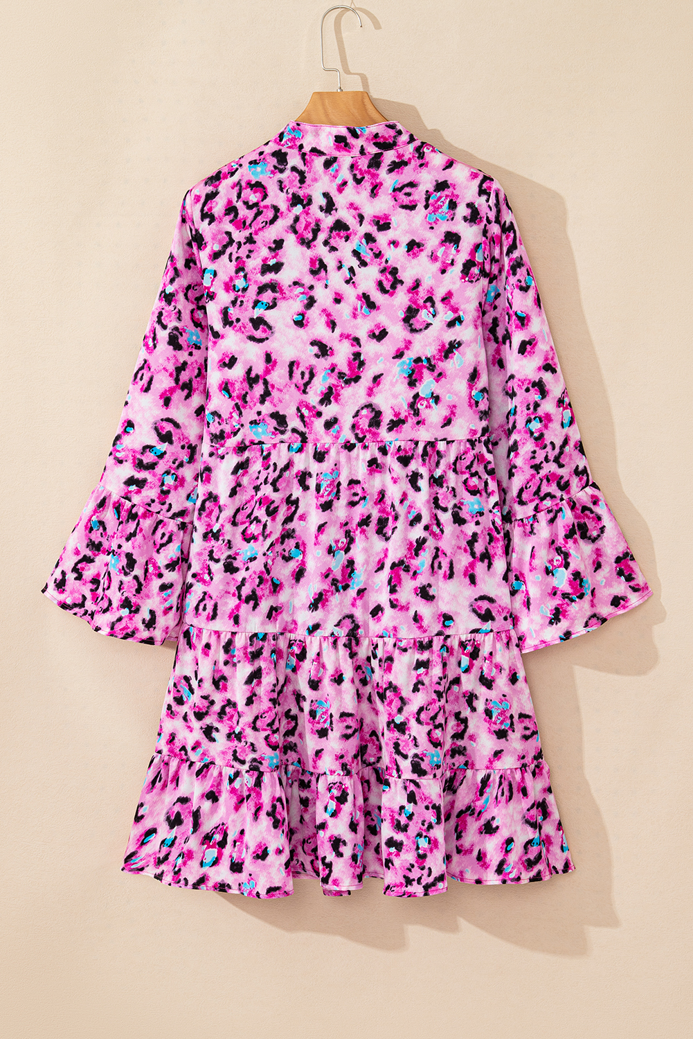 Khaki Leopard Print Buttoned Front 3/4 Sleeve Tiered Ruffled Hem Dress - loveforevers