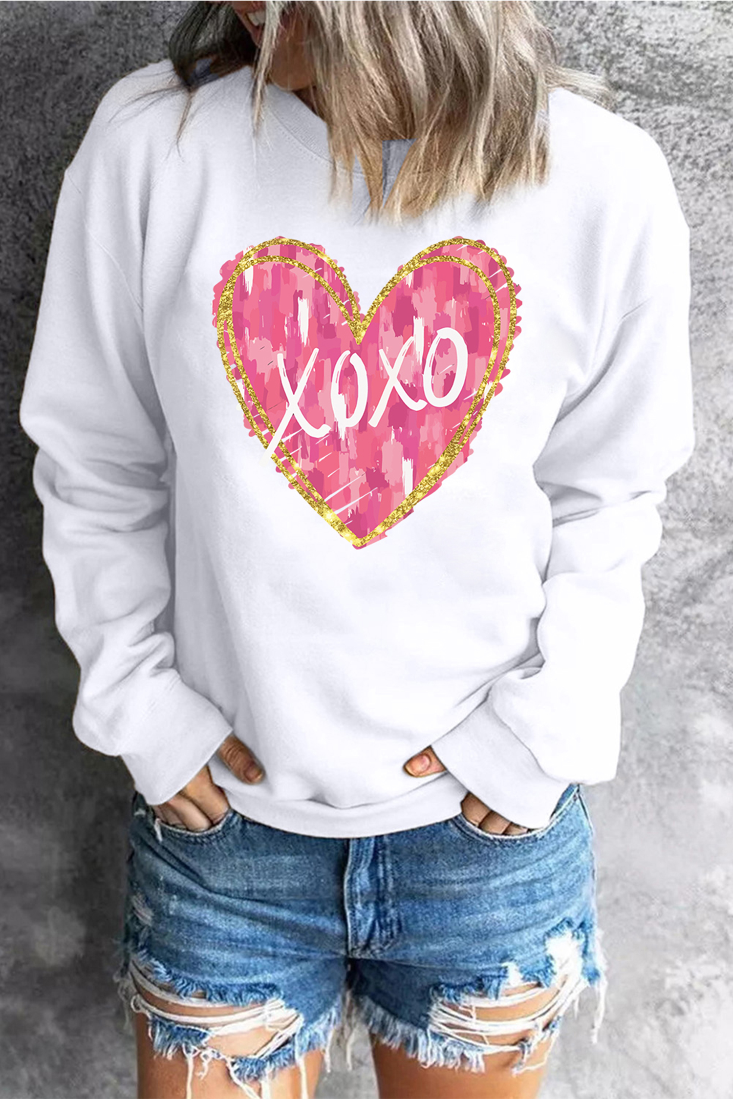 White xoxo Glitter Trim Brushstroke Heart Printed Pullover Sweatshirt - loveforevers