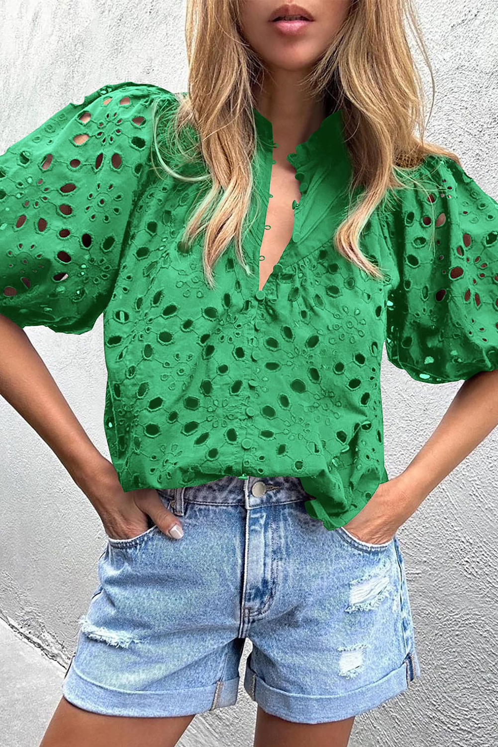 Green Flower Embroidered Hollow-out Puff Sleeve Blouse - loveforevers