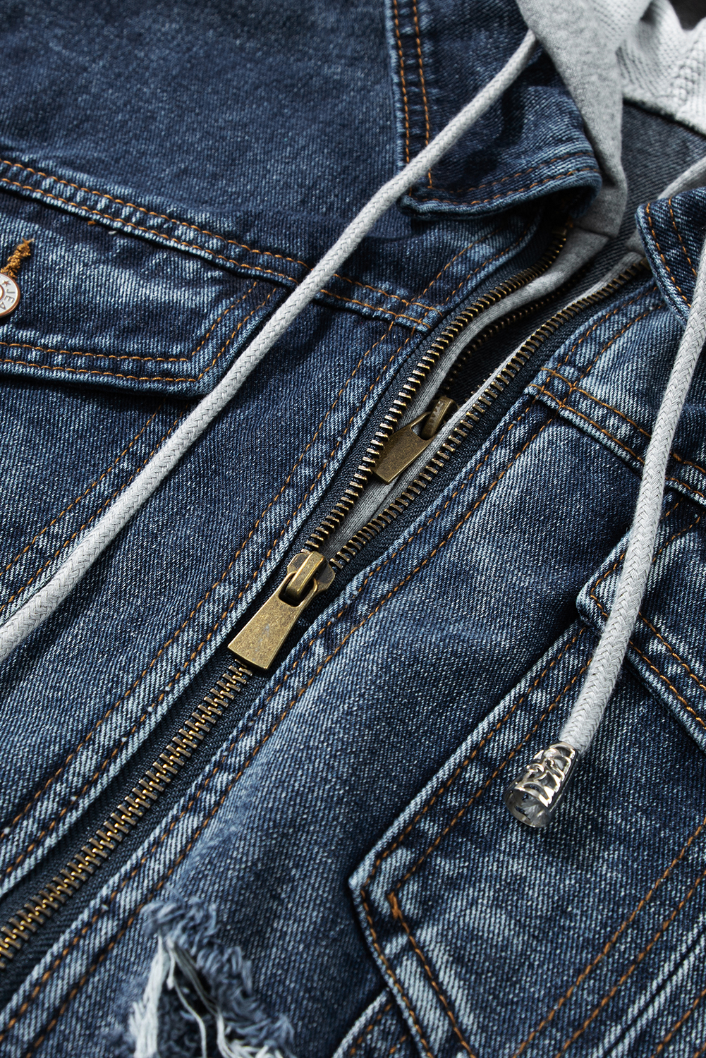 Dark Blue Fake Two-Piece Hooded Zip-Up Denim Jacket - loveforevers