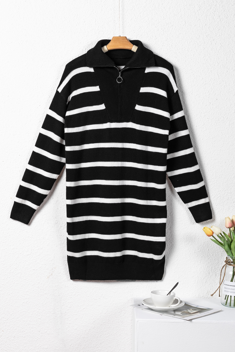 Black Striped O-ring Zip Collared Loose Sweater Mini Dress - loveforevers