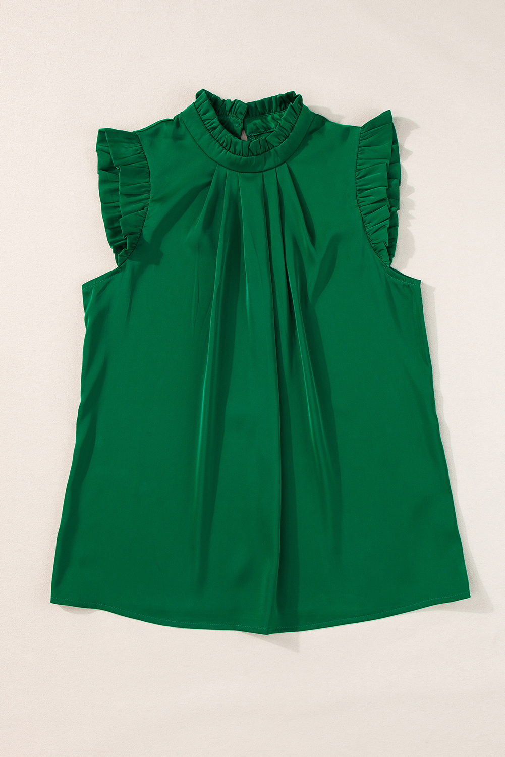 Bright Green Pleated Mock Neck Frilled Trim Sleeveless Top - loveforevers