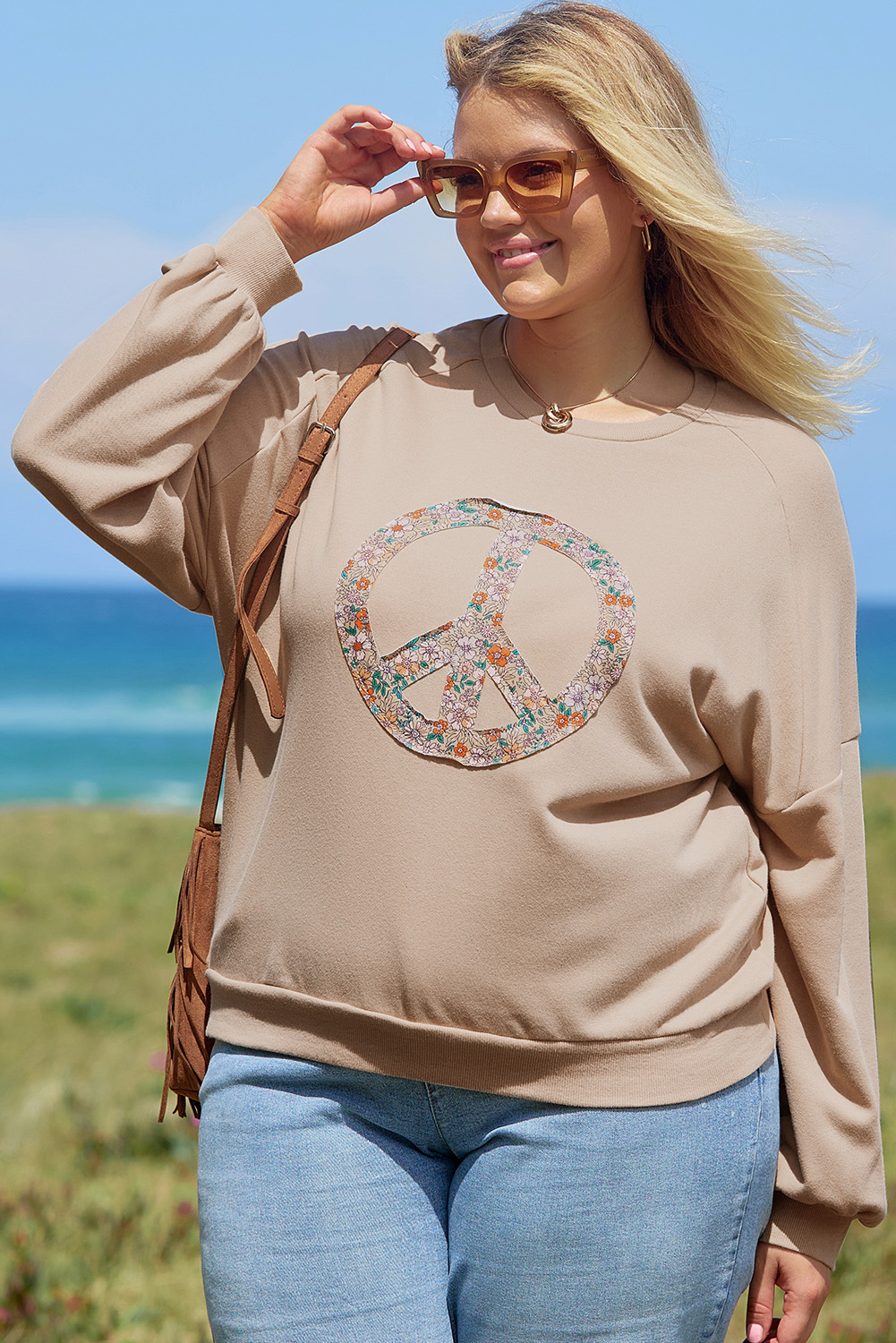 Beige Flower Patch Graphic Exposed Seam Wide Sleeve Top - loveforevers