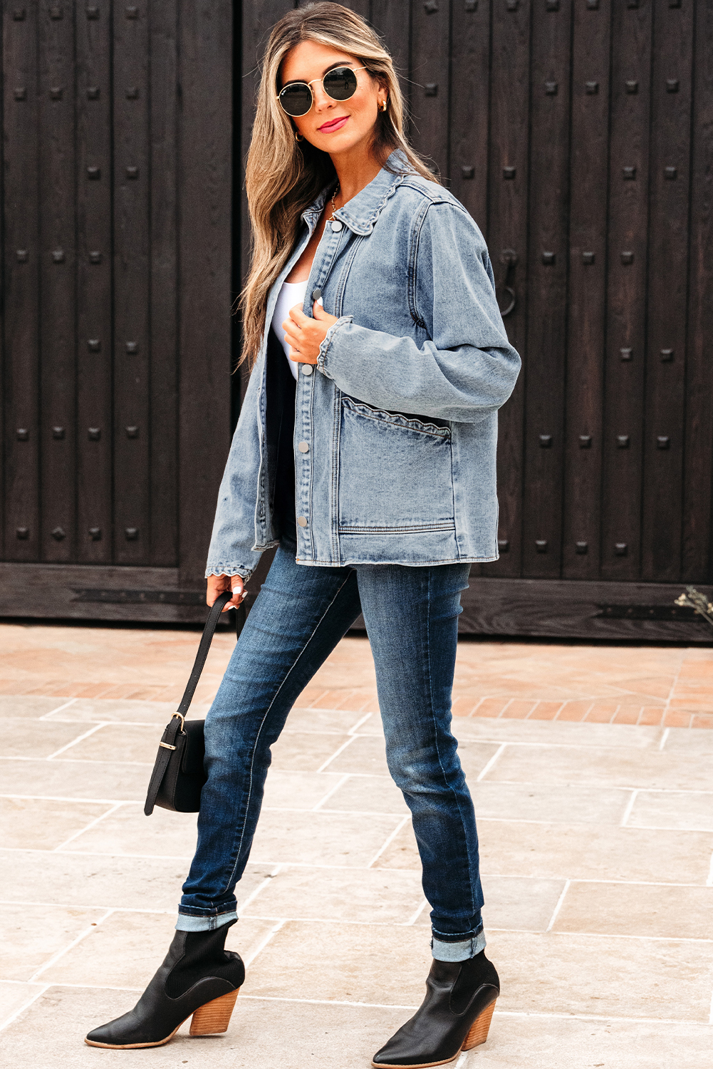 Myosotis Scallop Trim Collar Patched Pocket Button Up Mineral Washed Denim Jacket - loveforevers