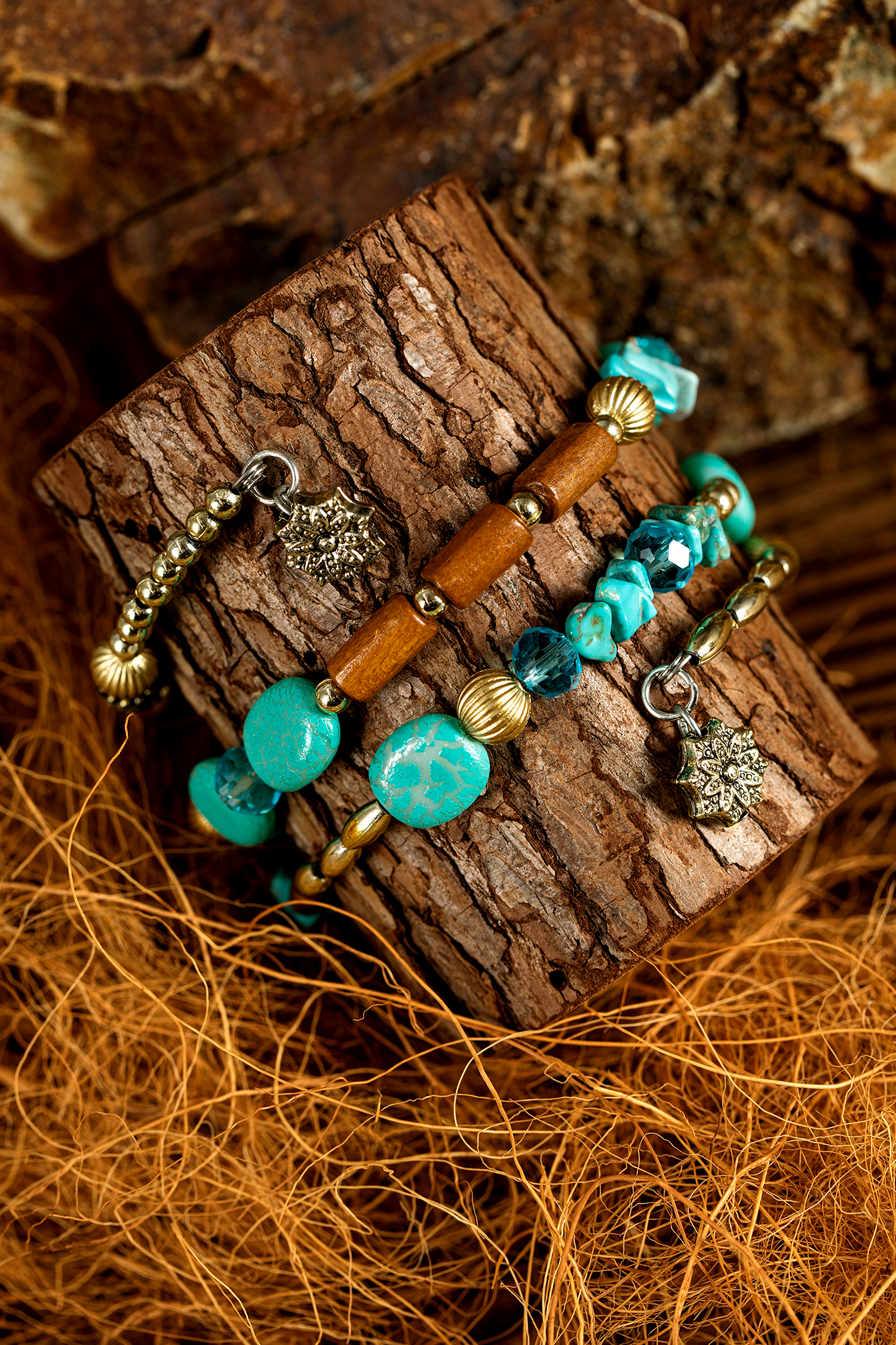 Turquoise Bohemian Style Crystal Stone Plated Bead Multi-Layer Winding Bracelet - loveforevers