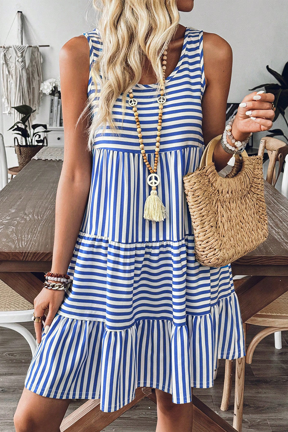 Black Stripe U Neck Sleeveless Loose Fit Mini Dress - loveforevers