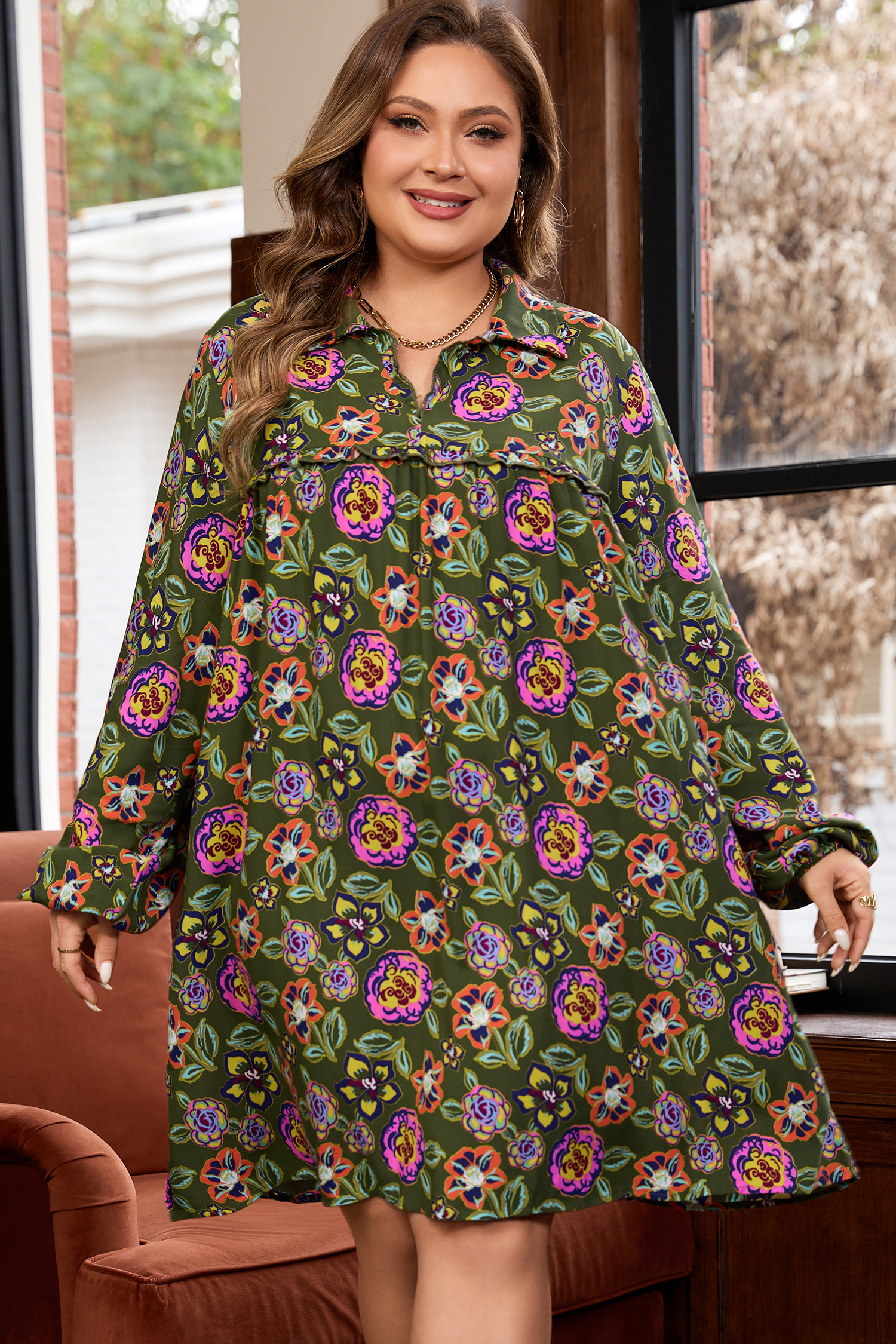 Green Plus Size Floral Print Collared V Neck Loose Mini Dress - loveforevers