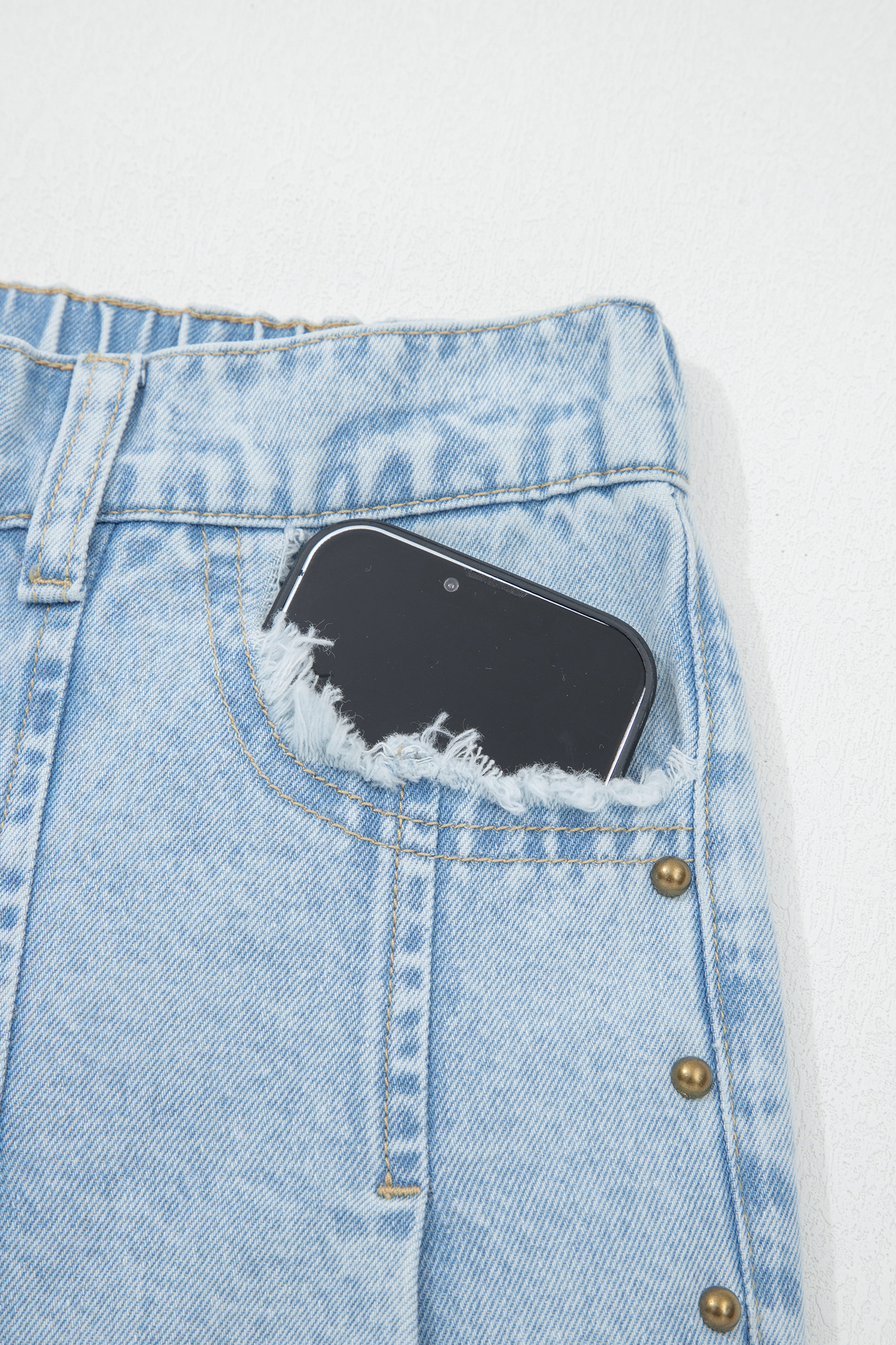 Beau Blue Studded Side Slit Leg Frayed Pocketed Wide Leg Jeans - loveforevers