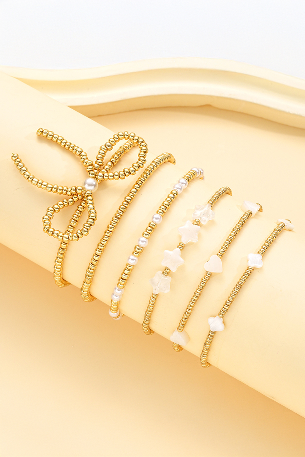 Gold Bow Knot Star Heart Beaded Multi Layer Bracelet - loveforevers